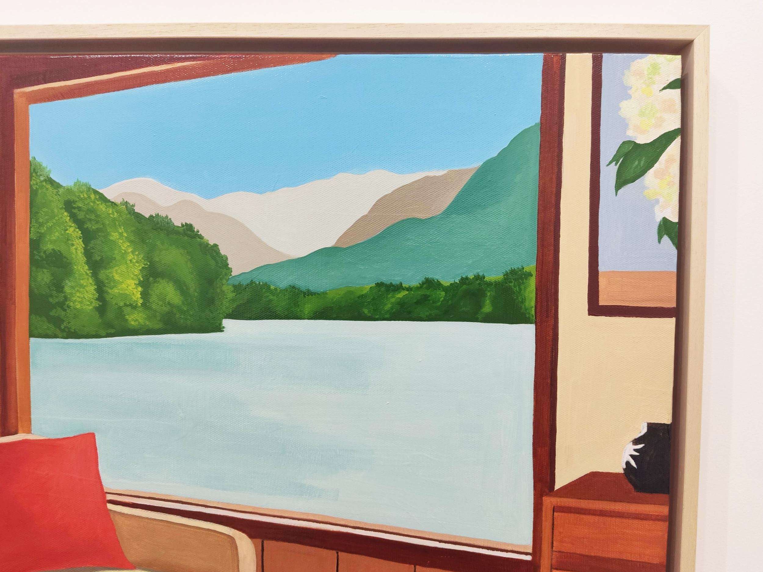 Fenêtre sur lac, Pintura al óleo, Interior acogedor con sofá y jarrón de porcelana - Landscape Painting Marrón de Gabriel Riesnert