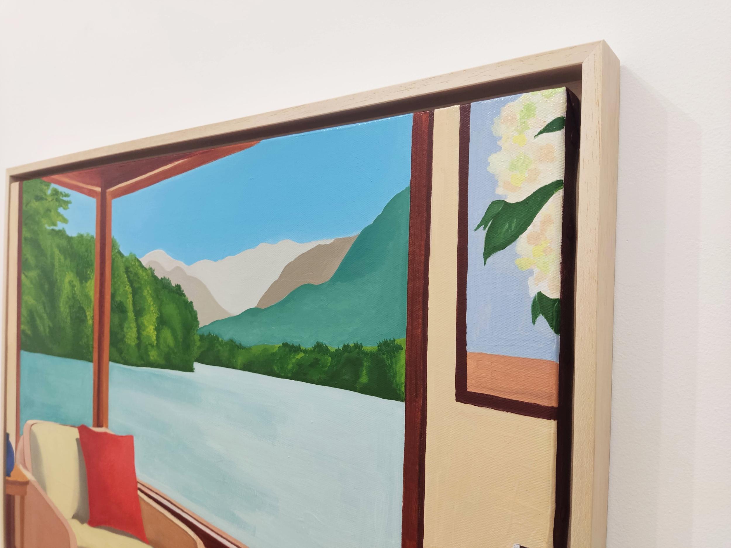 Fenêtre sur lac, Pintura al óleo, Interior acogedor con sofá y jarrón de porcelana en venta 2