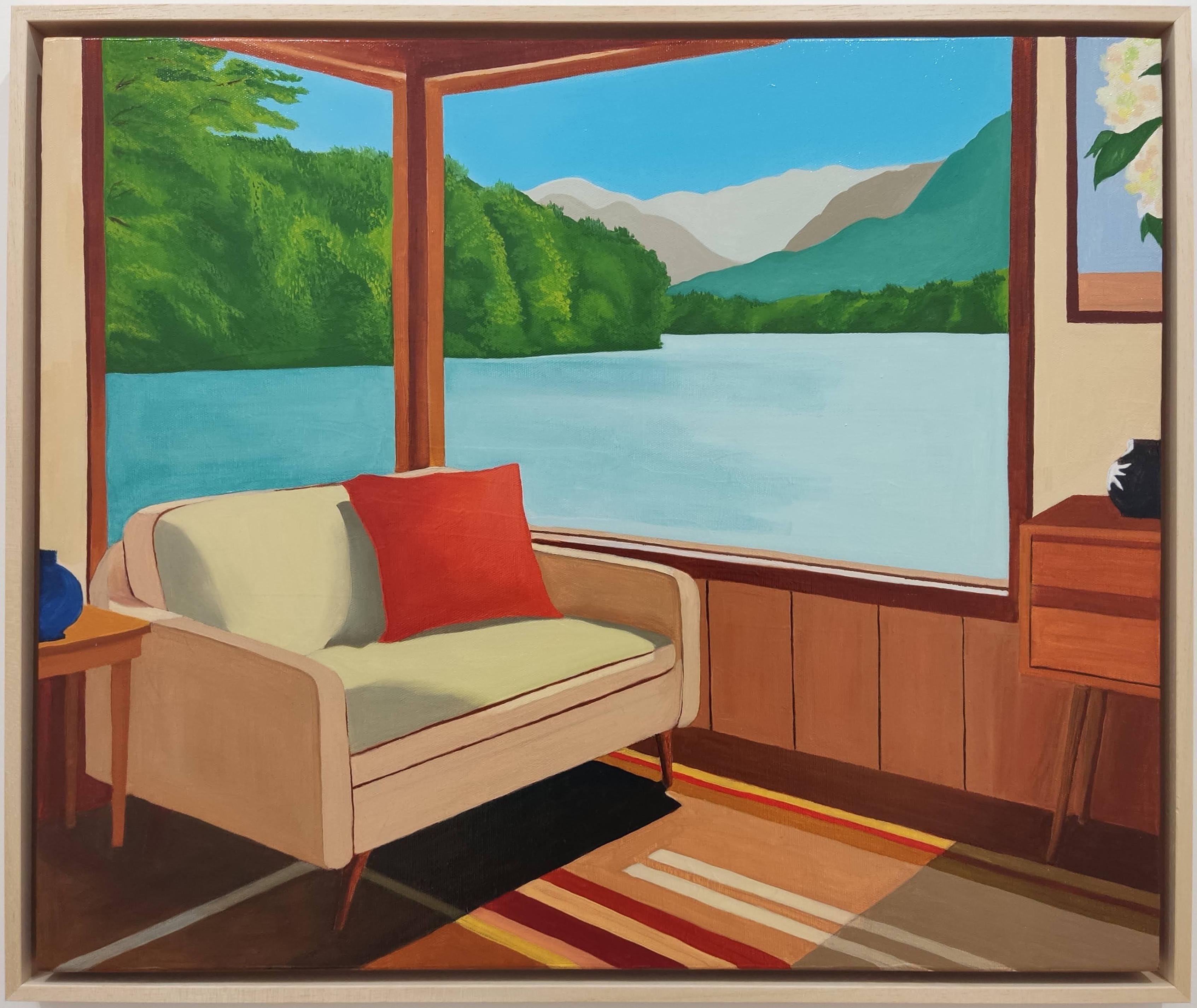 Landscape Painting de Gabriel Riesnert - Fenêtre sur lac, Pintura al óleo, Interior acogedor con sofá y jarrón de porcelana