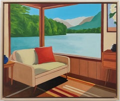 Fenêtre sur lac, Pittura a olio, Interno accogliente con divano e vaso di porcellana