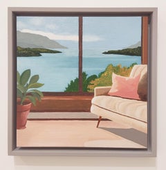 Fenêtre sur lac, peinture à l'huile, intérieur, paysage contemporain