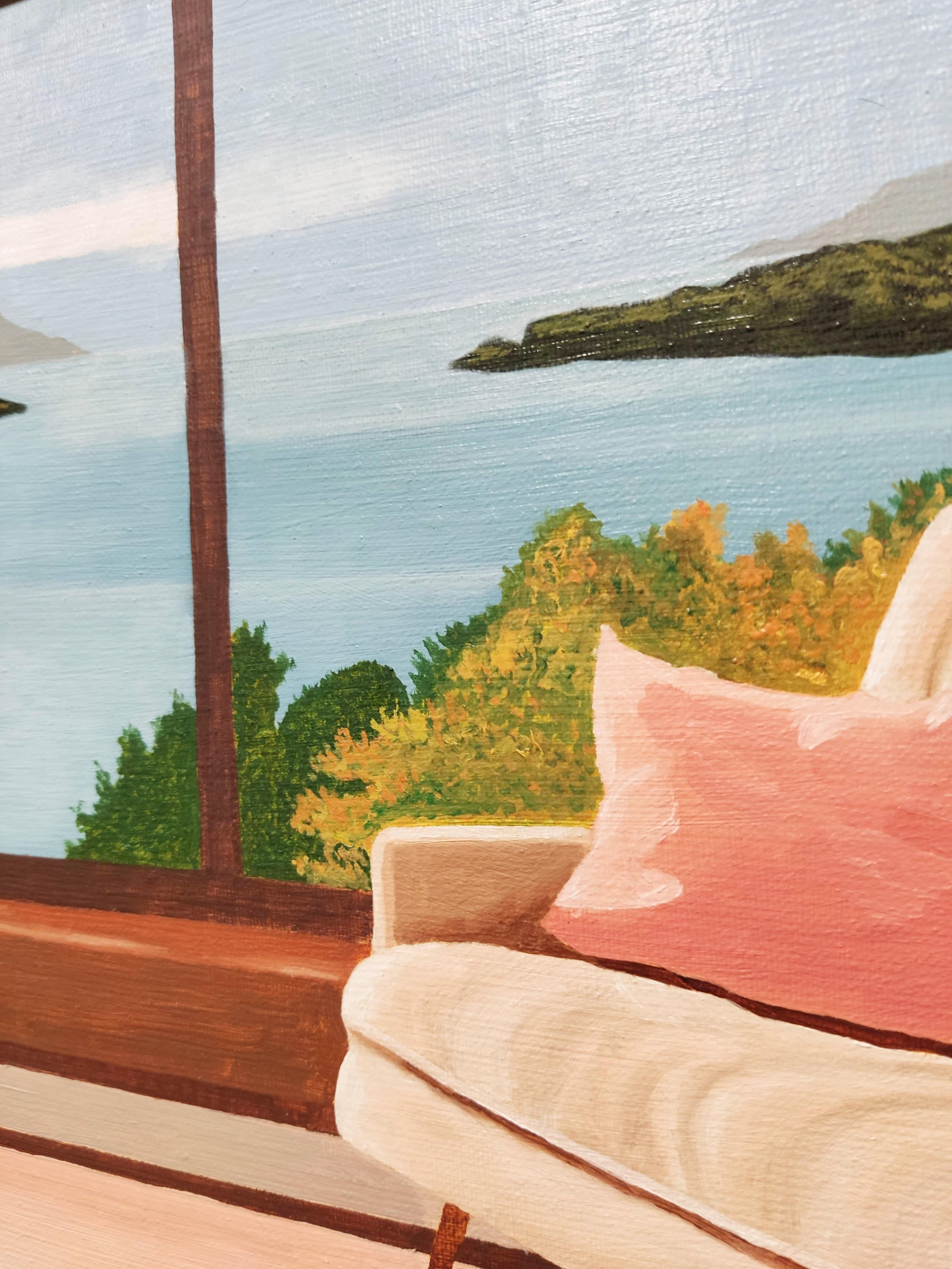 Fenêtre sur lac, Pittura a olio, Interno con paesaggio, lago, cielo - Painting di Gabriel Riesnert