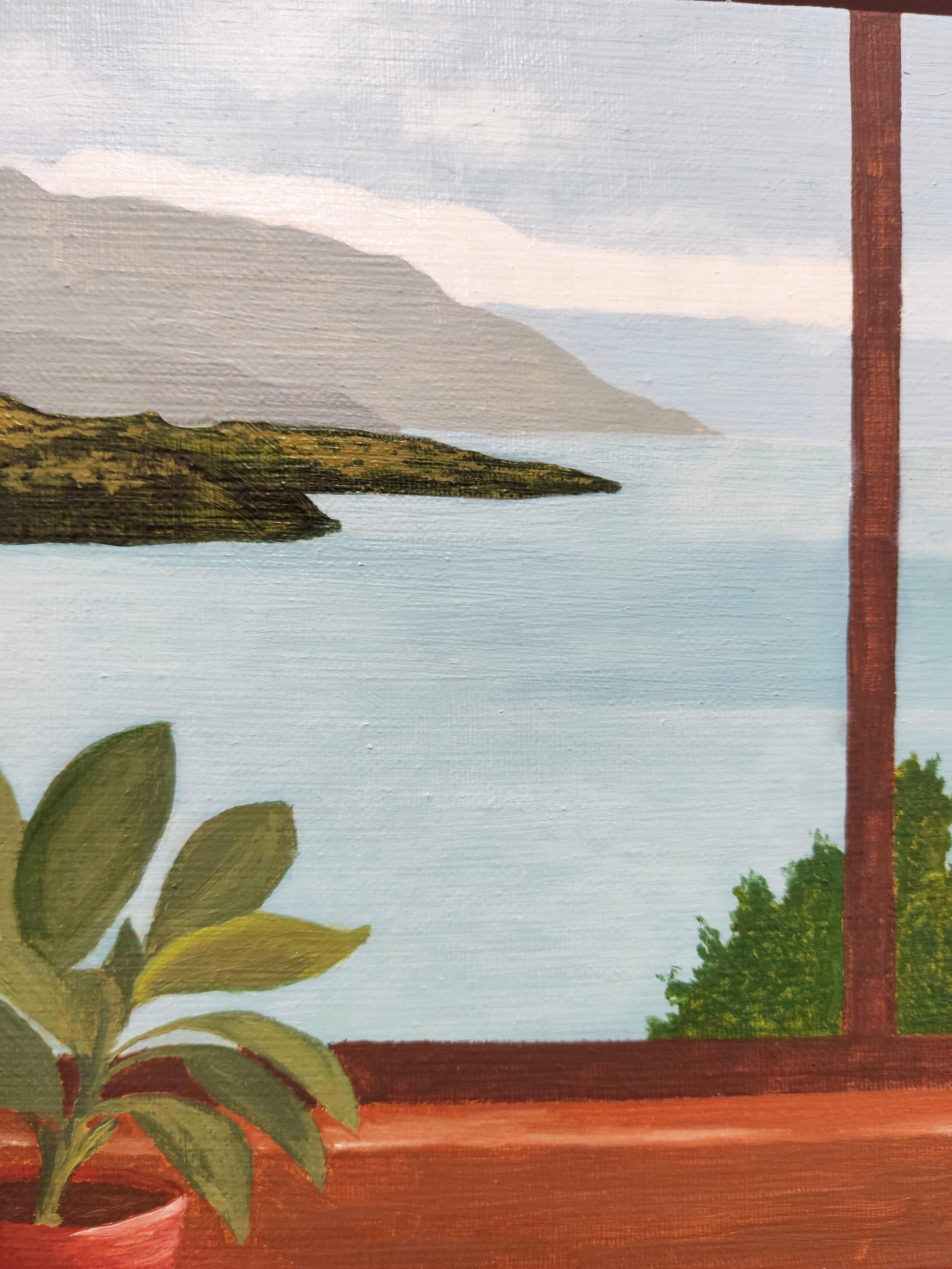 Fenêtre sur lac, Pittura a olio, Interno con paesaggio, lago, cielo - Painting Contemporaneo di Gabriel Riesnert