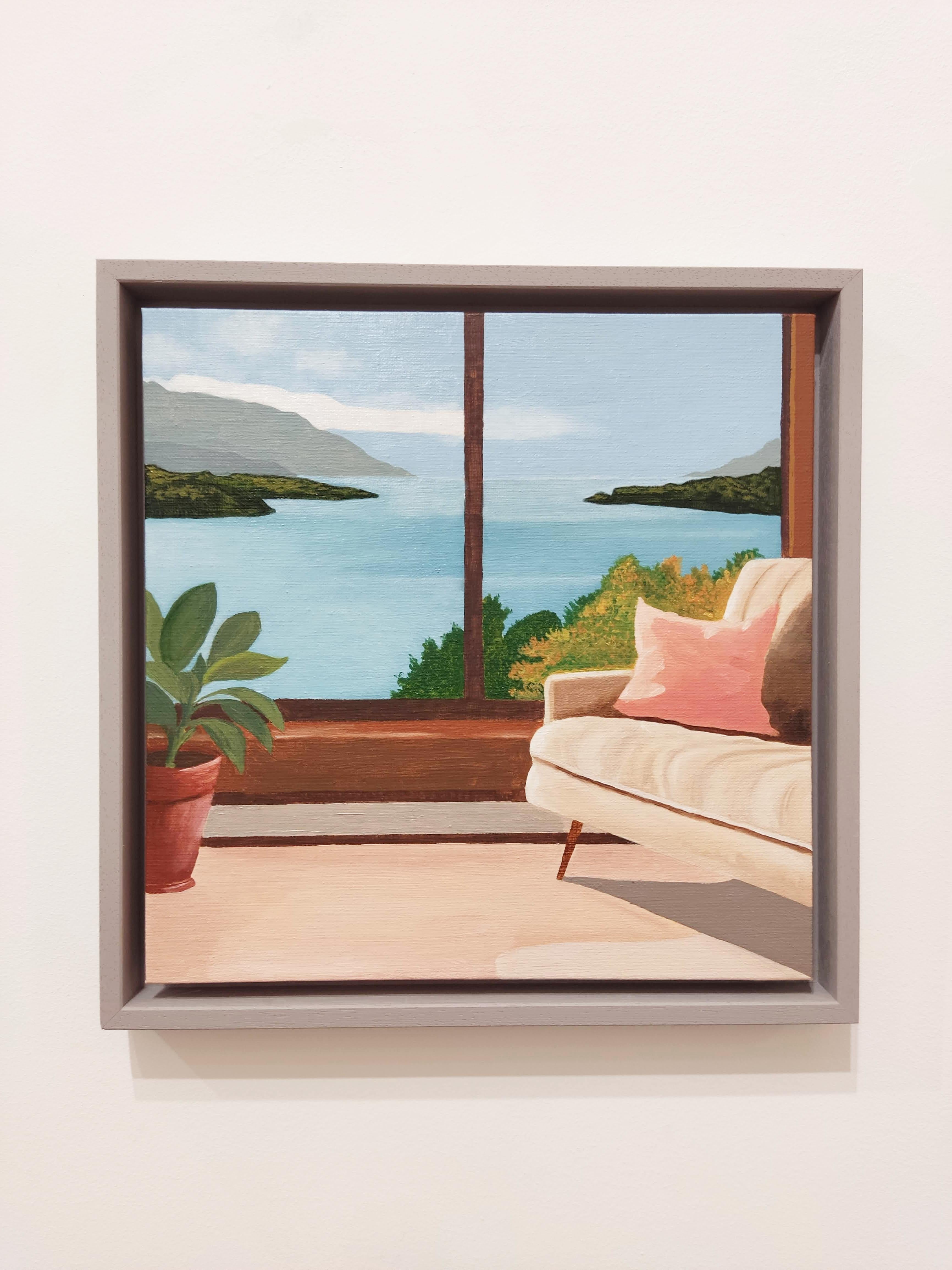 Fenêtre sur lac, Pittura a olio, Interno con paesaggio, lago, cielo in vendita 1
