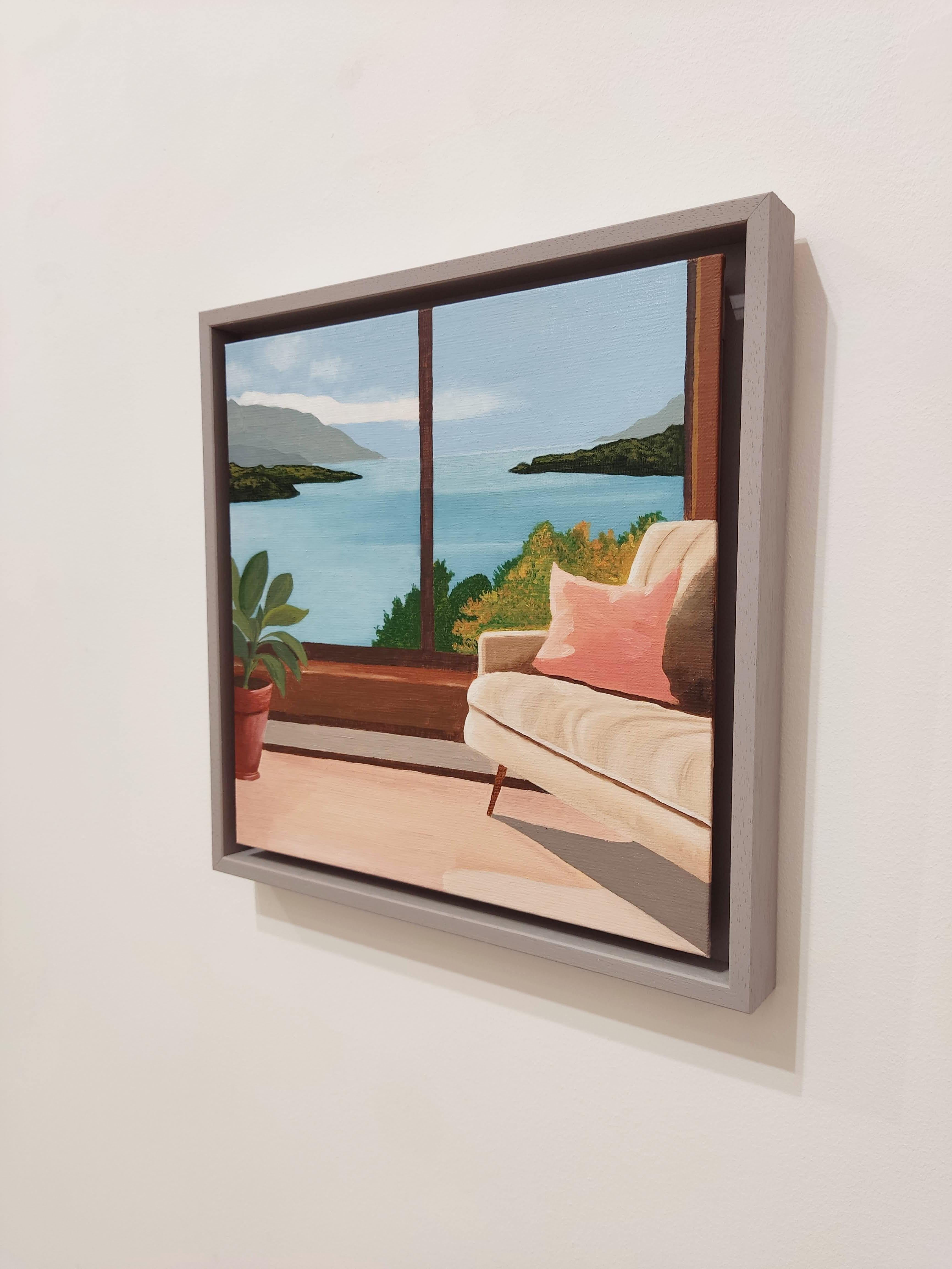 Fenêtre sur lac, Pittura a olio, Interno con paesaggio, lago, cielo in vendita 2