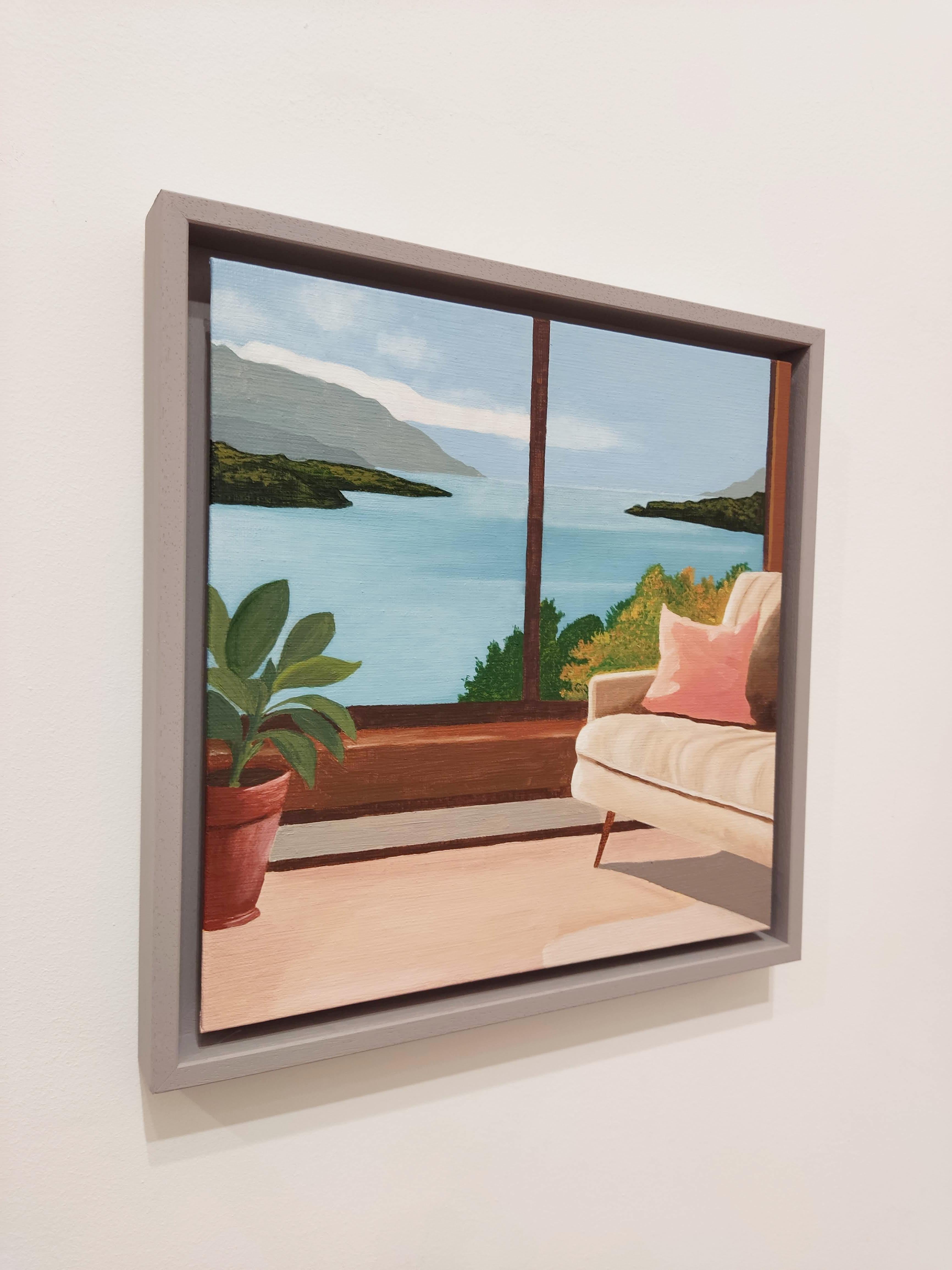 Fenêtre sur lac, Pittura a olio, Interno con paesaggio, lago, cielo in vendita 3