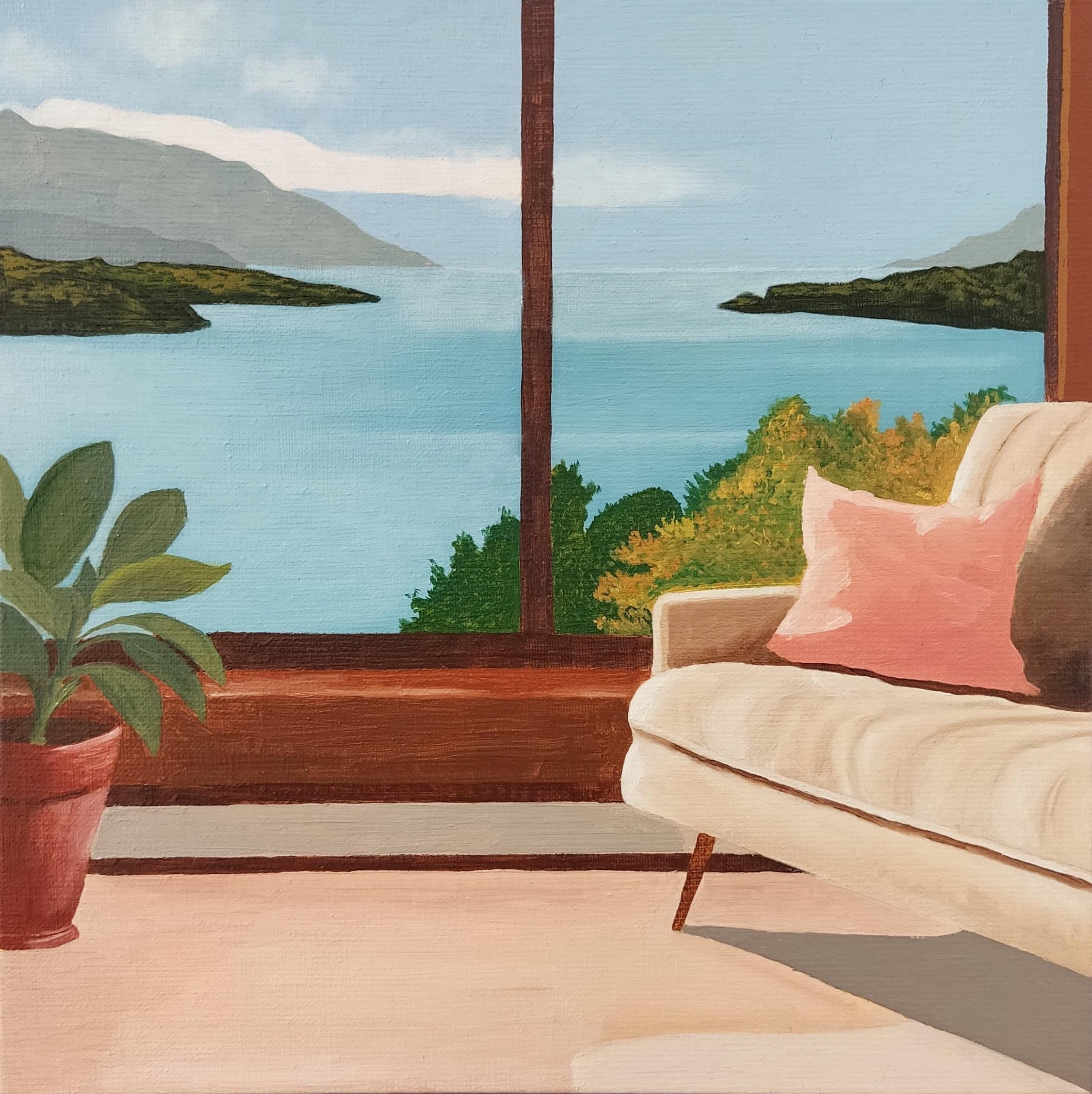 Fenêtre sur lac, Pintura al óleo, Interior con paisaje, Lago, Cielo