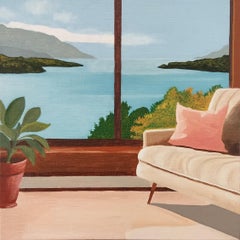 Fenêtre sur lac, Pintura al óleo, Interior con paisaje, Lago, Cielo