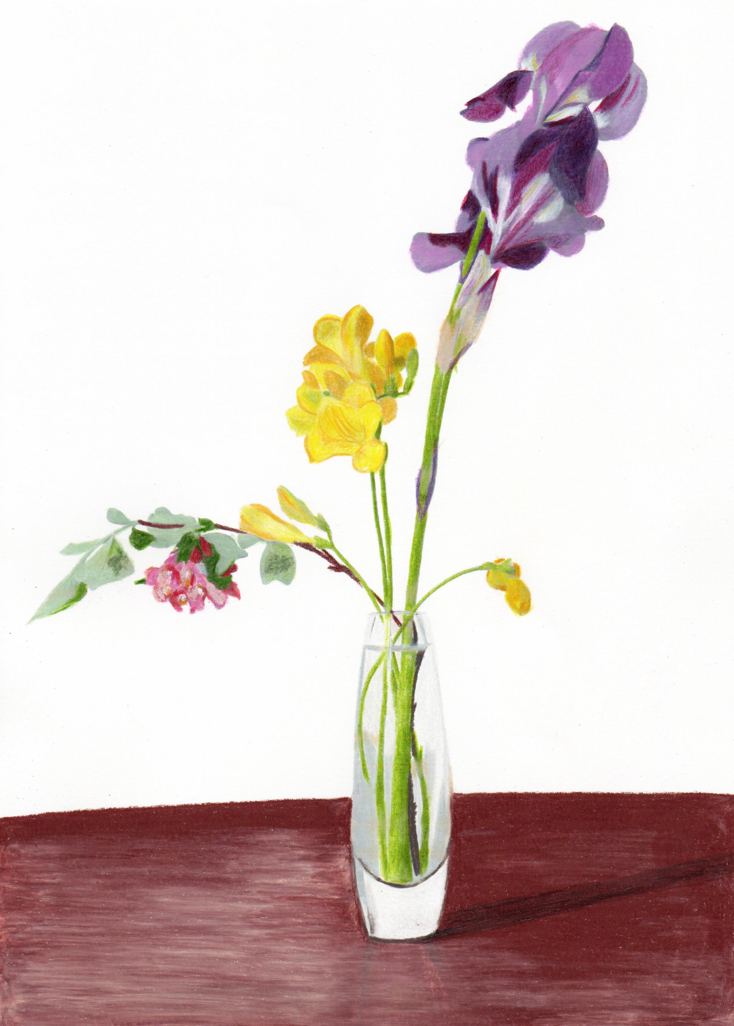 Fleurs du jardin, Fine Drawing, Floral Still Life, Minimalist Bouquet in a Vase