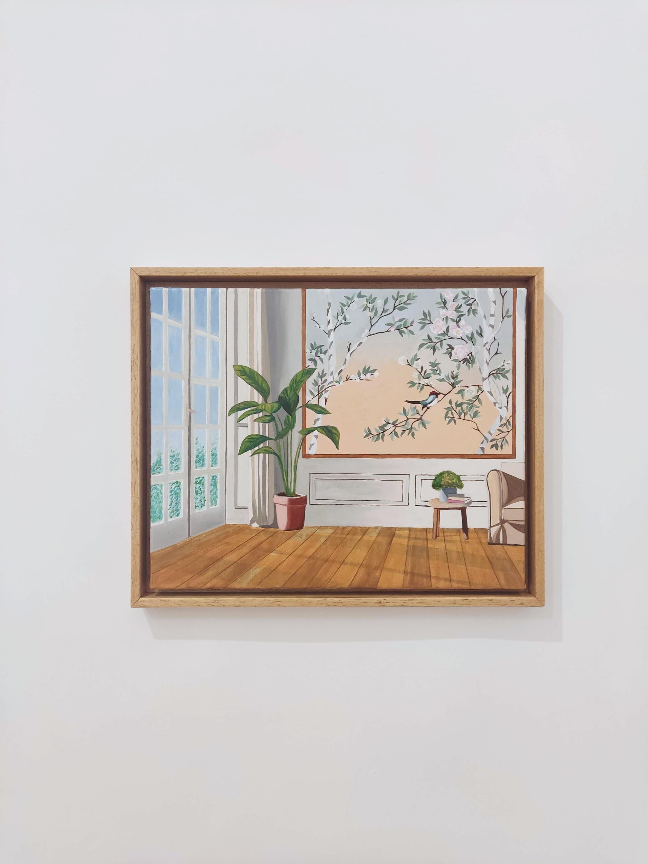 Garden Sounds, Oil Painting on Linen, Interior With Landscape View, Bird - Gray Interior Painting by Gabriel Riesnert