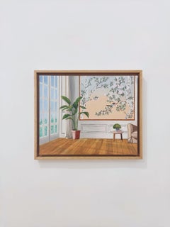 Garden Sounds, Oil Painting on Linen, Interior With Landscape View, Bird
