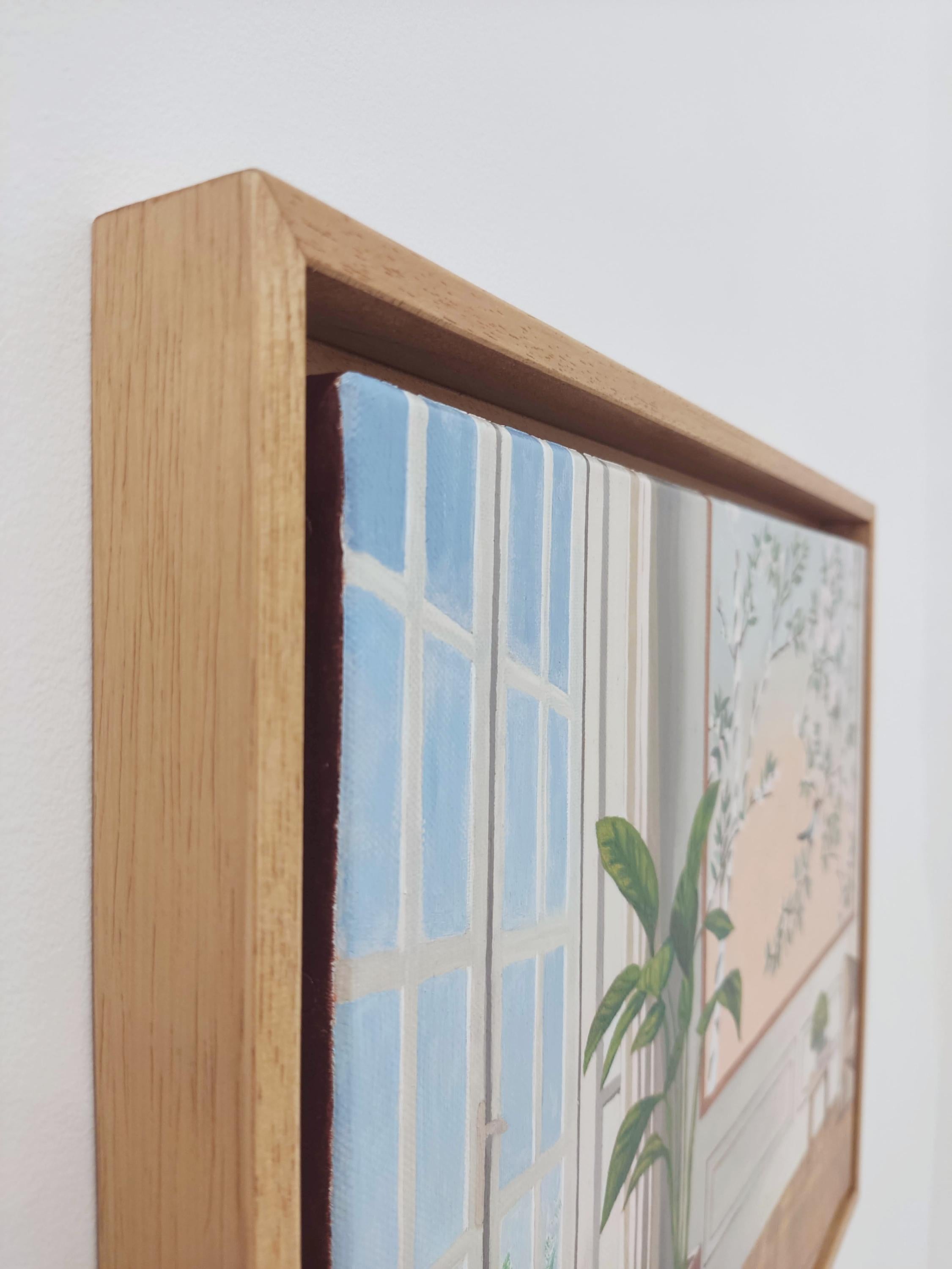 Work :  Original Oil Painting, Handmade artwork, Unique Work. Framed in Solid wood floater frame with oak wood stain finish. Ready to Hang.
Medium : Oil painting on stretched Linen.
Artist : Gabriel Riesnert
Subject : Garden Sounds (Title )
In