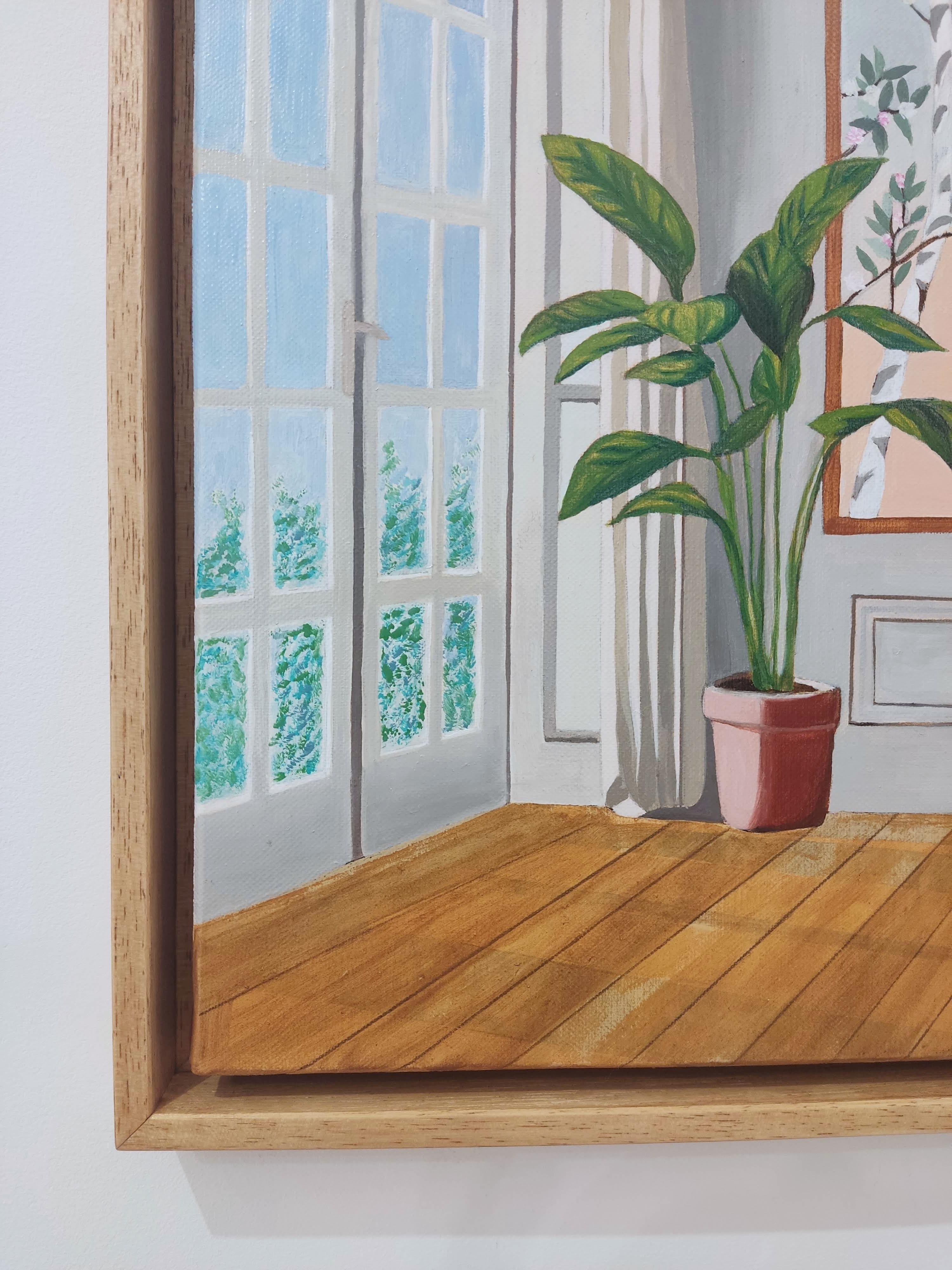 Garden Sounds, Oil Painting on Linen, Interior With Landscape View, Bird For Sale 1