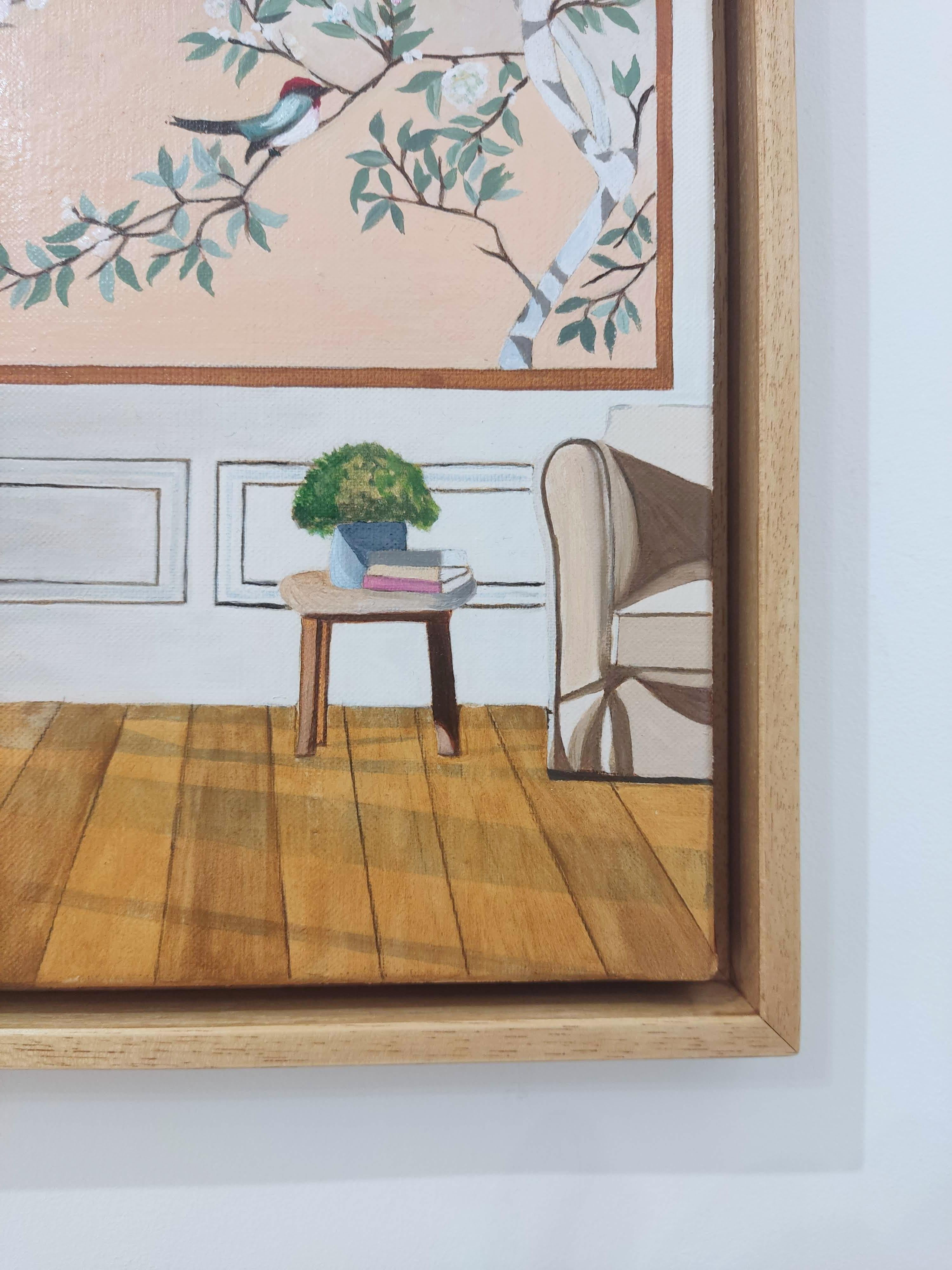 Garden Sounds, Oil Painting on Linen, Interior With Landscape View, Bird For Sale 2