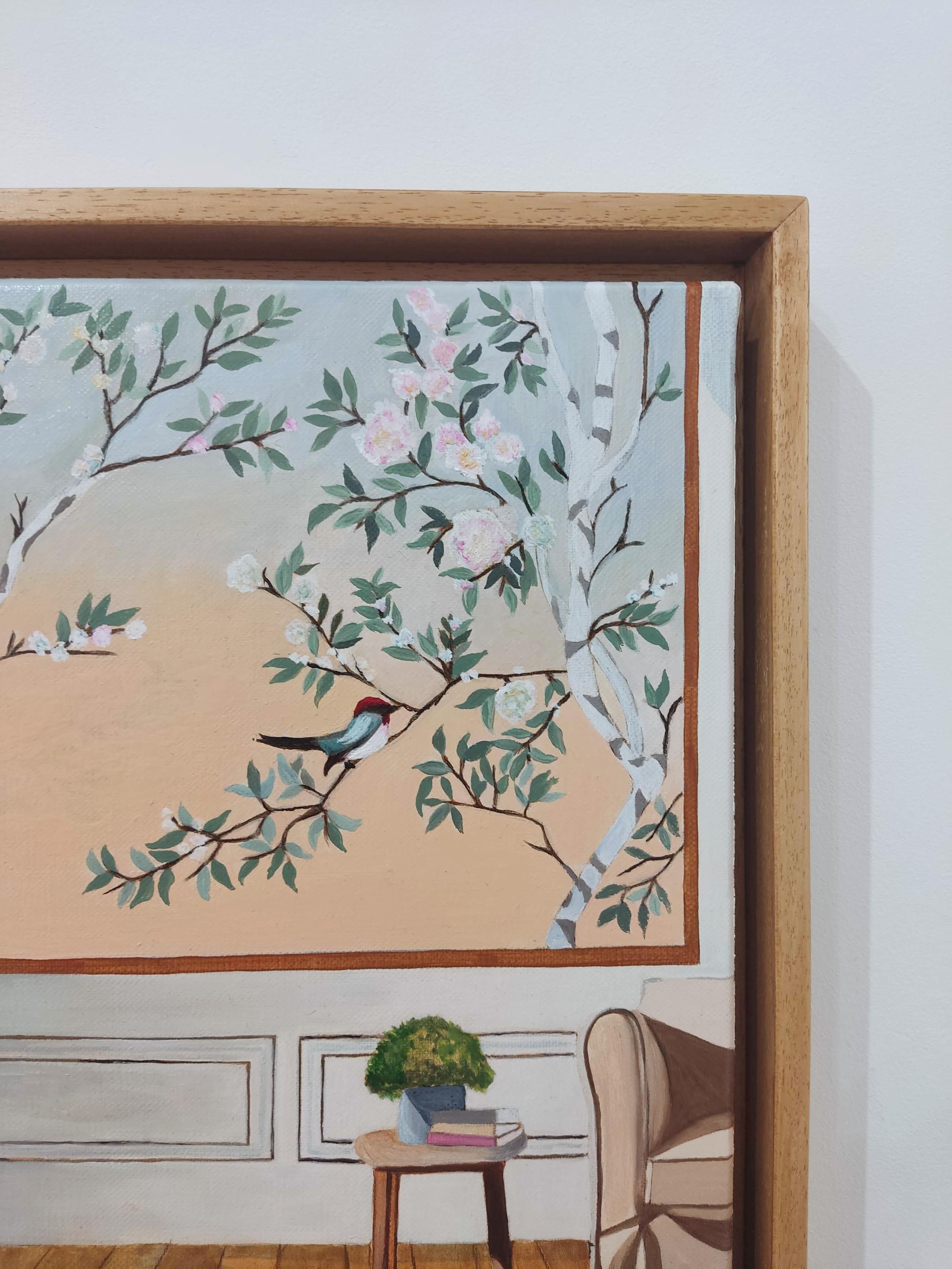 Garden Sounds, Oil Painting on Linen, Interior With Landscape View, Bird For Sale 3