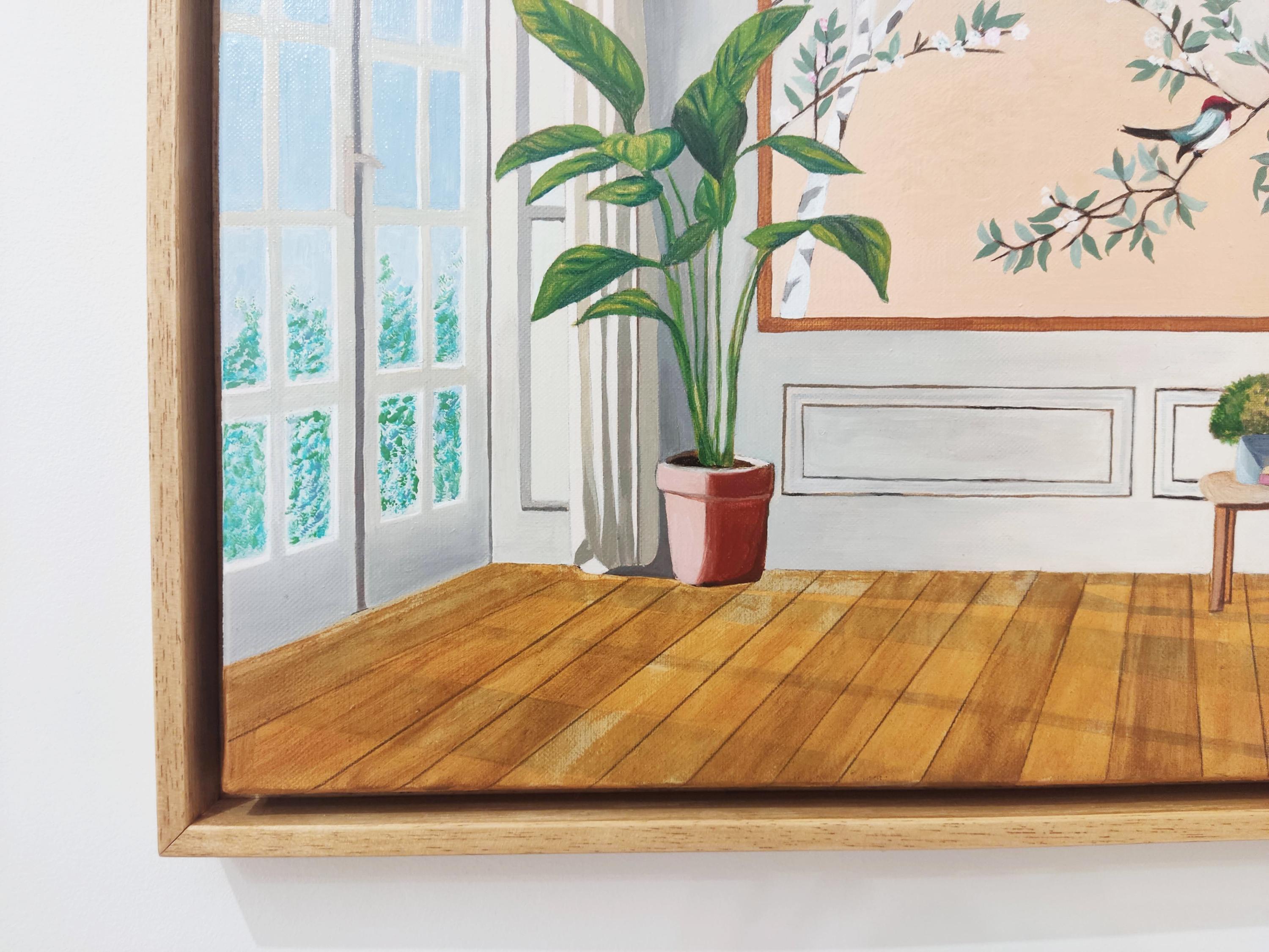 Garden Sounds, Oil Painting on Linen, Interior With Landscape View, Bird For Sale 4