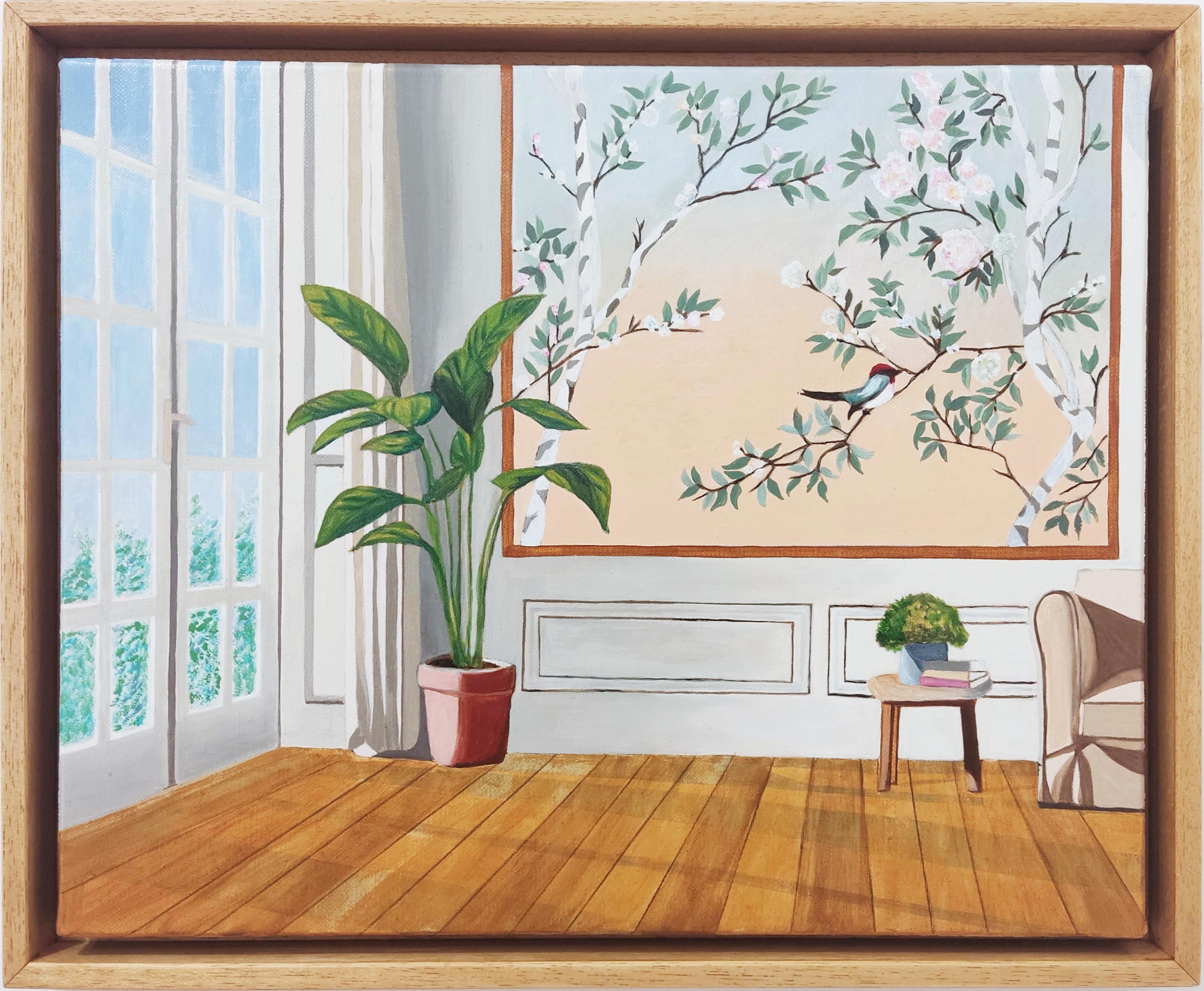 Sonidos de jardín, Pintura al óleo sobre lino, Interior con vista de paisaje, Pájaro