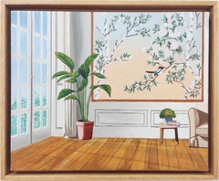 Suoni del giardino, Pittura a olio su tela, Interno con vista sul paesaggio, Uccello