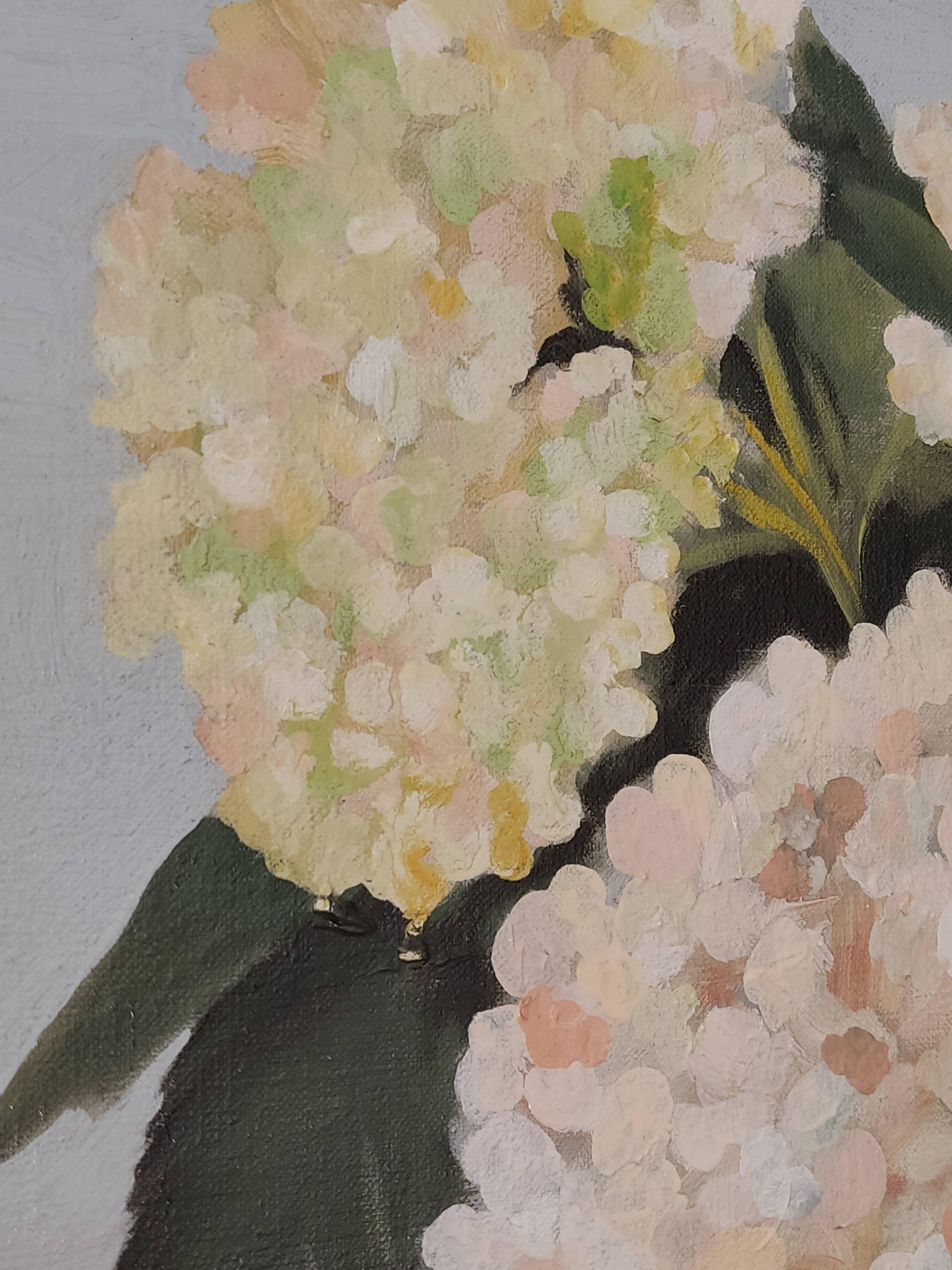 Hortensia in Vase, Original Oil Painting, Still Life, Contemporary realism - Gray Interior Painting by Gabriel Riesnert