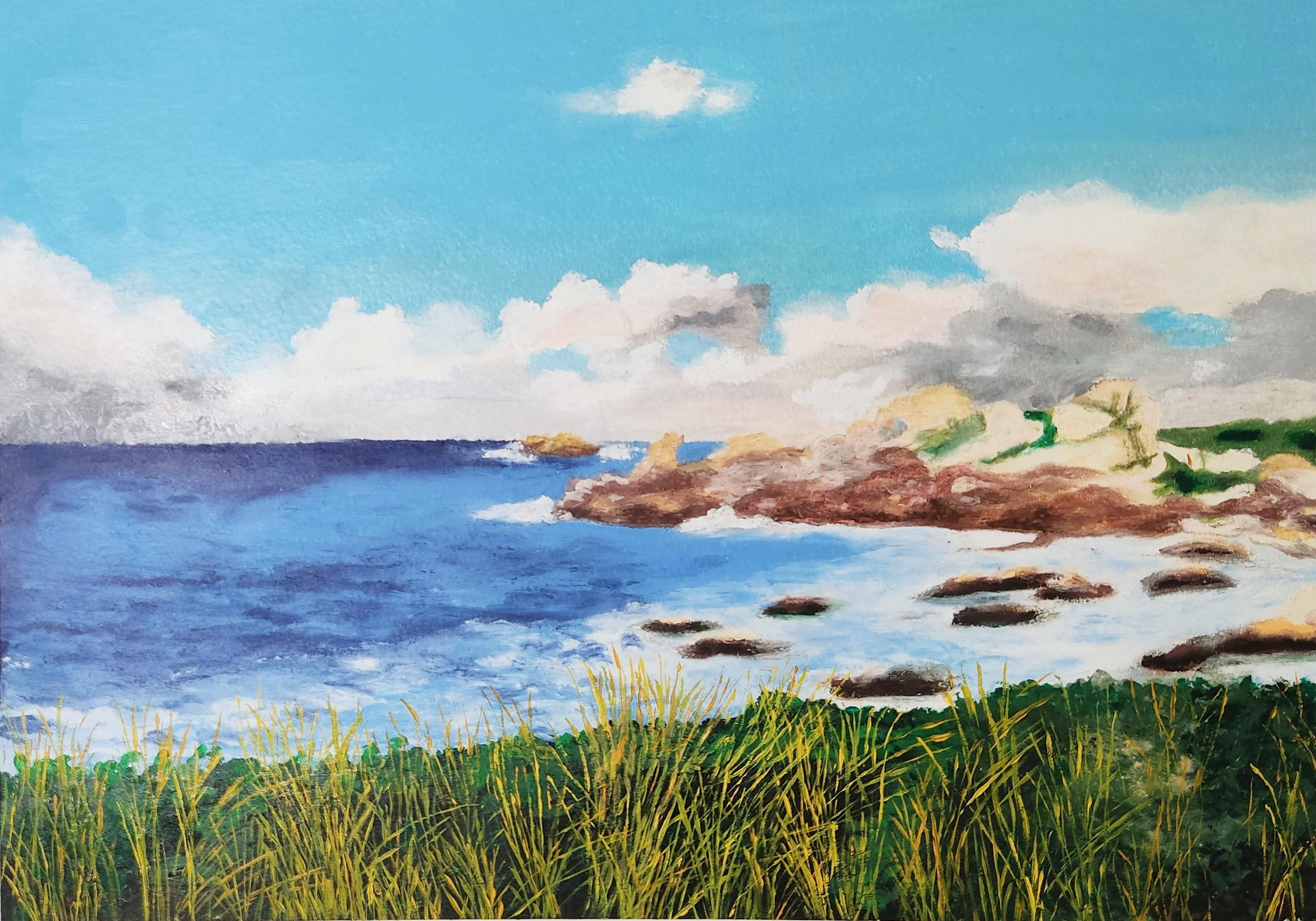 Lumière de Bretagne, paysage côtier, peinture à l'huile et pastel impressionniste français - Mixed Media Art de Gabriel Riesnert