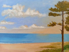 Lumière Dorée, Minimalist Oil Pastel Seascape with Coastal Pines, Contemporary
