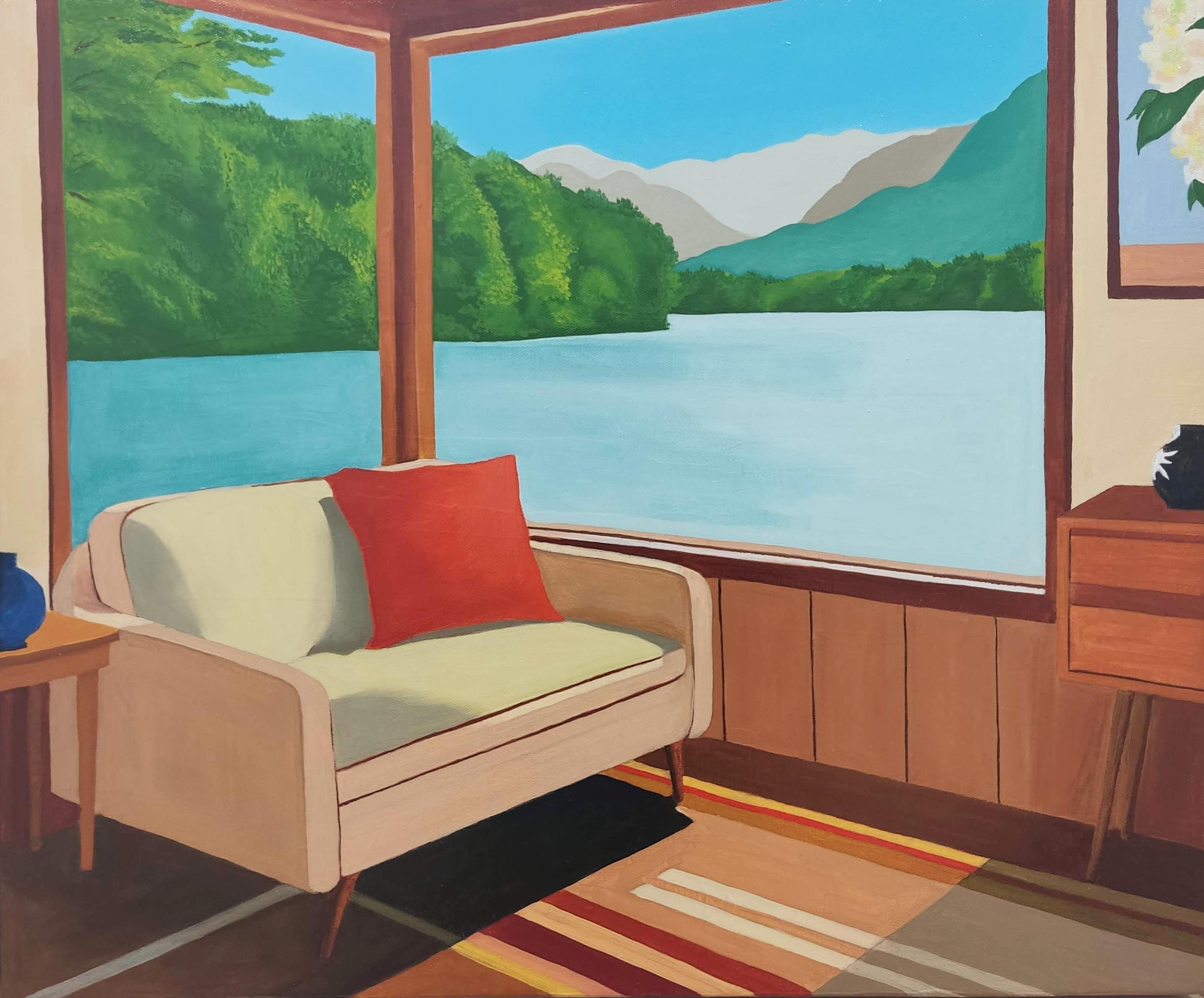 Fenêtre sur lac, Ölgemälde, Gemütliches Interieur mit Sofa und Porzellanvase