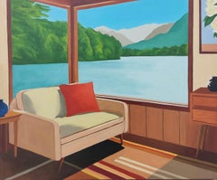 Modern Interior with Lake View, Oil painting on Canvas, Contemporary Art