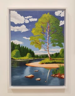 River Contemporary Landscape, Original Oil Painting, Tree and Blue Sky