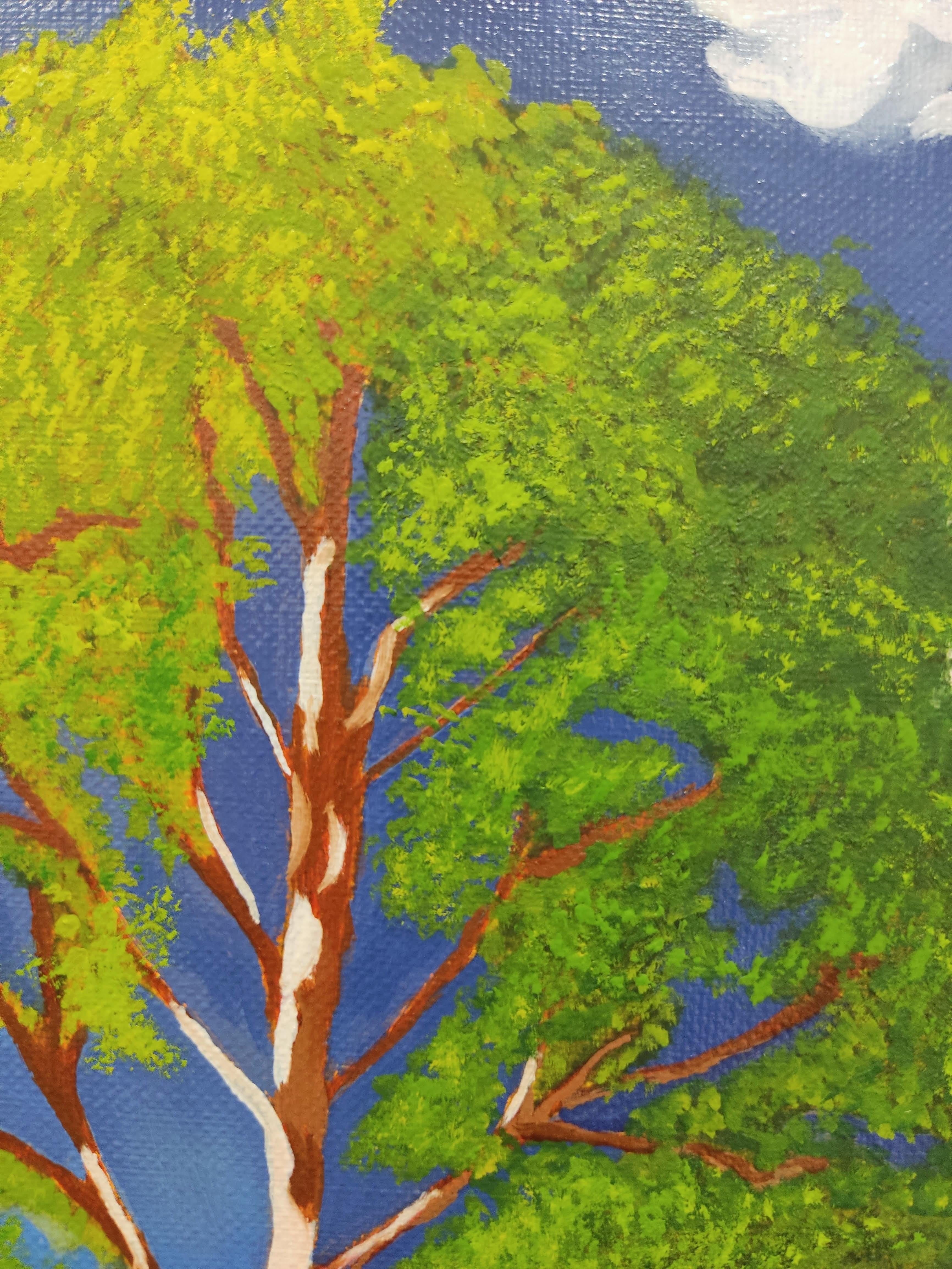 Respiración, Pintura al óleo, Paisaje contemporáneo, Río, Árbol - Landscape Painting Gris de Gabriel Riesnert