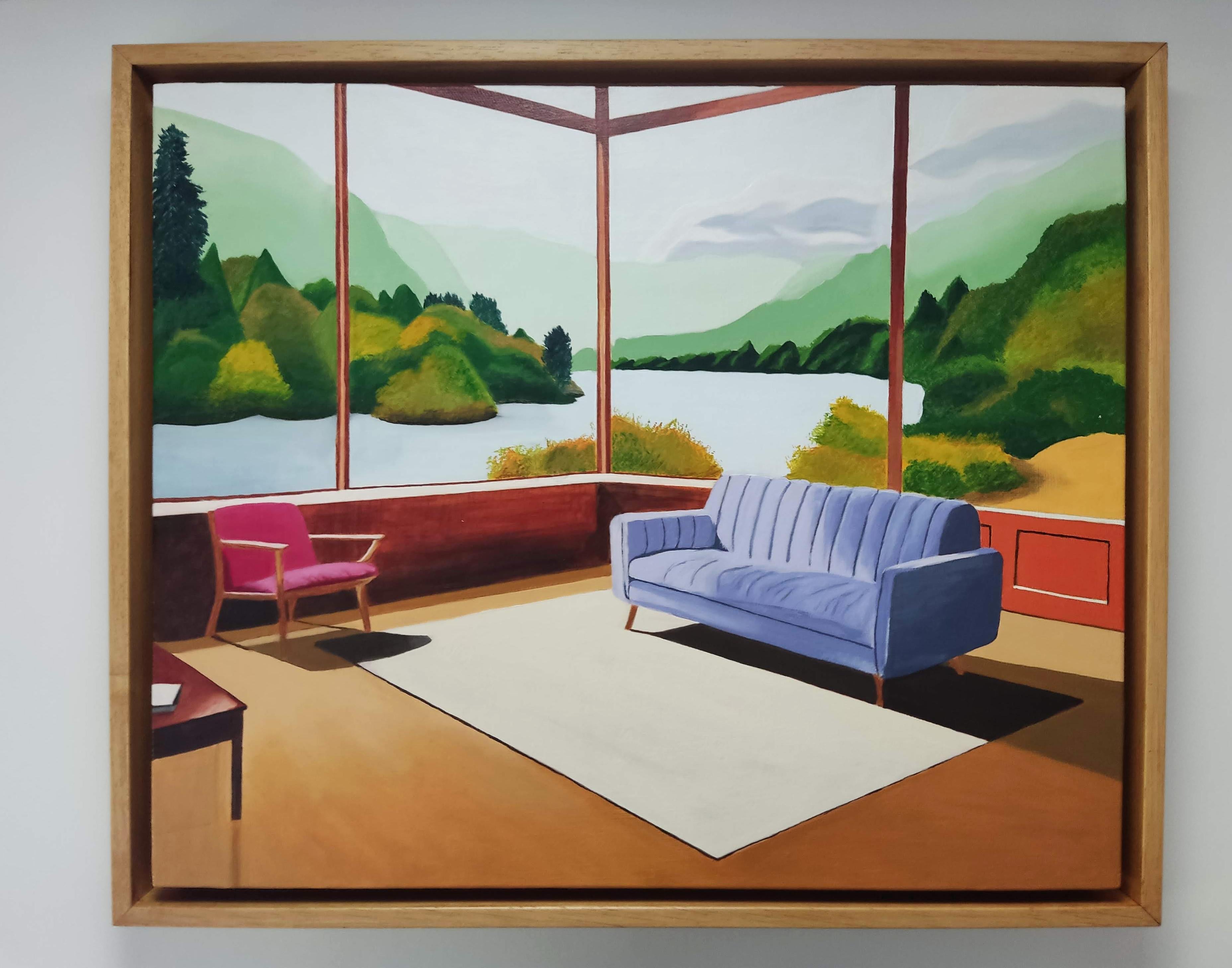Sans Titre, peinture à l'huile, intérieur confortable avec canapé et livre, vue du paysage en vente 8