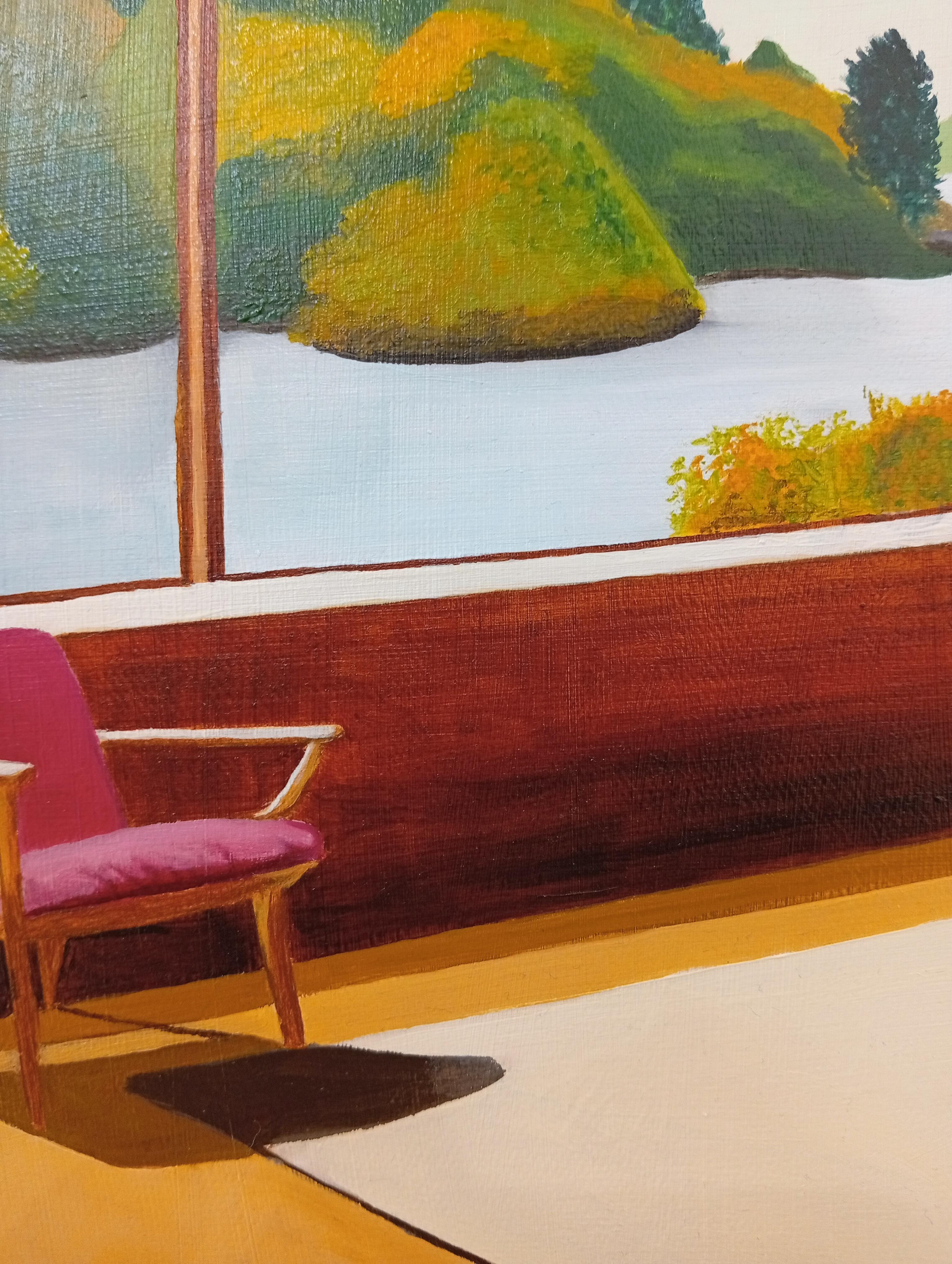 Sans Titre, peinture à l'huile, intérieur confortable avec canapé et livre, vue du paysage - Marron Interior Painting par Gabriel Riesnert