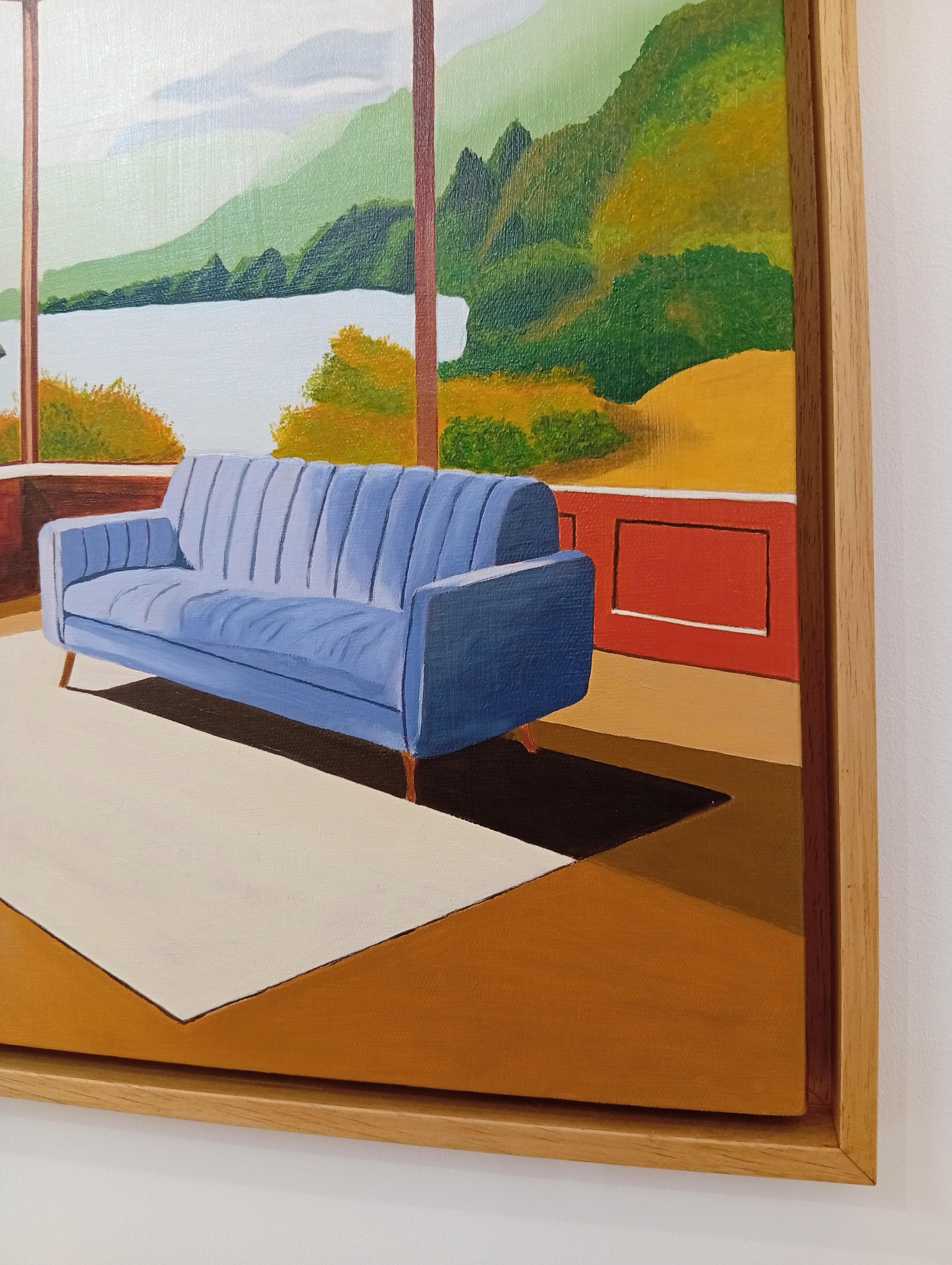 Sans Titre, peinture à l'huile, intérieur confortable avec canapé et livre, vue du paysage en vente 8