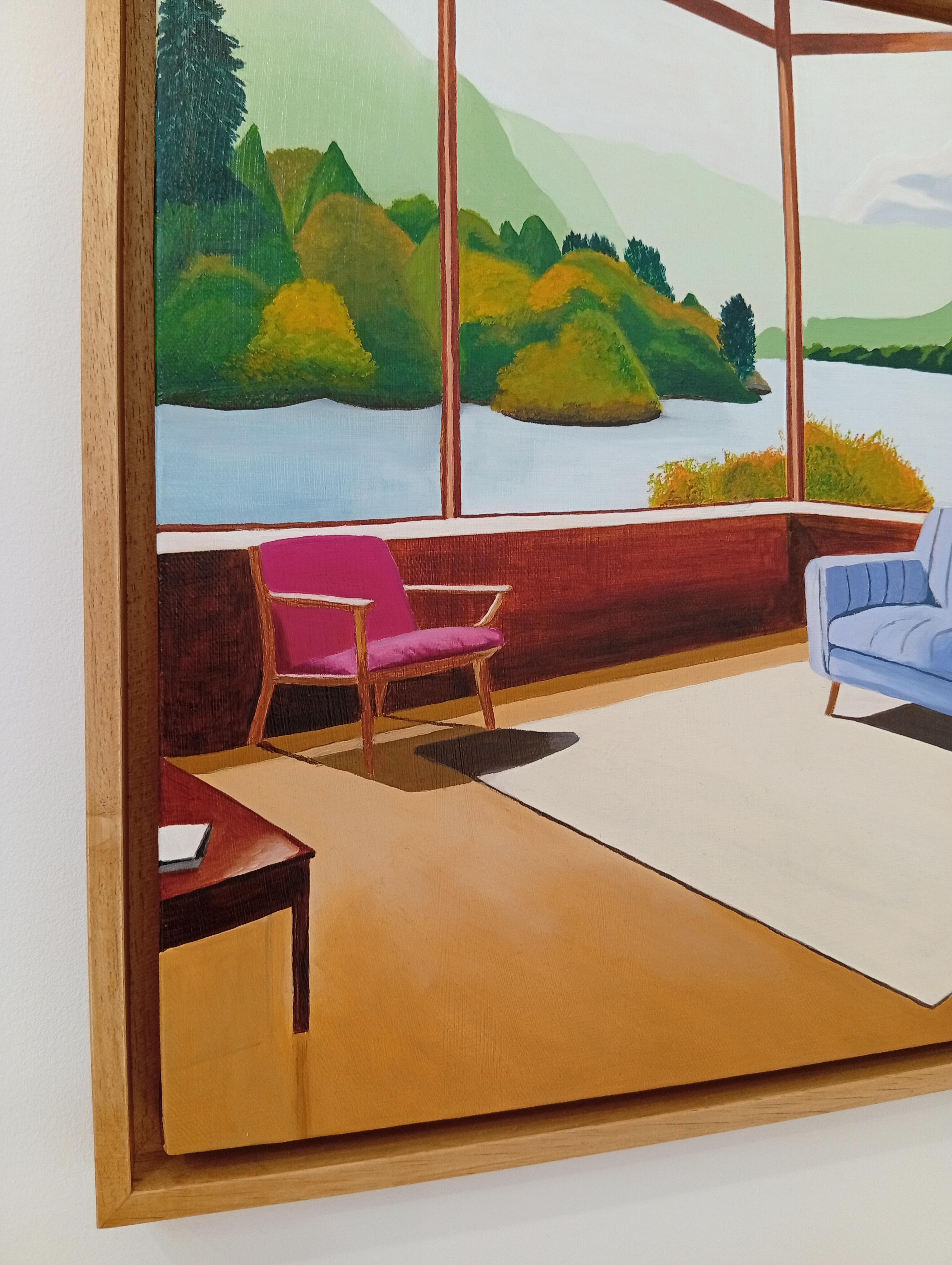 Sans Titre, peinture à l'huile, intérieur confortable avec canapé et livre, vue du paysage en vente 9