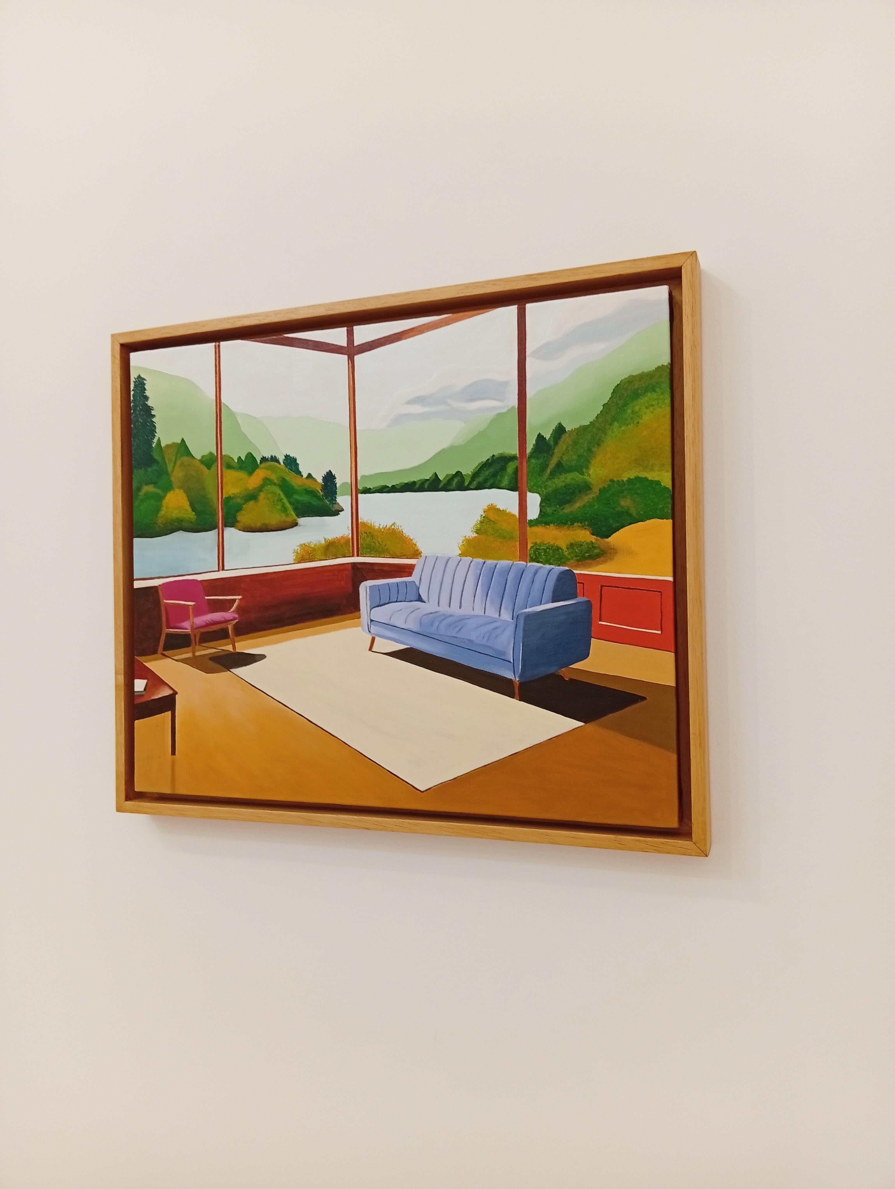Sans Titre, peinture à l'huile, intérieur confortable avec canapé et livre, vue du paysage en vente 10