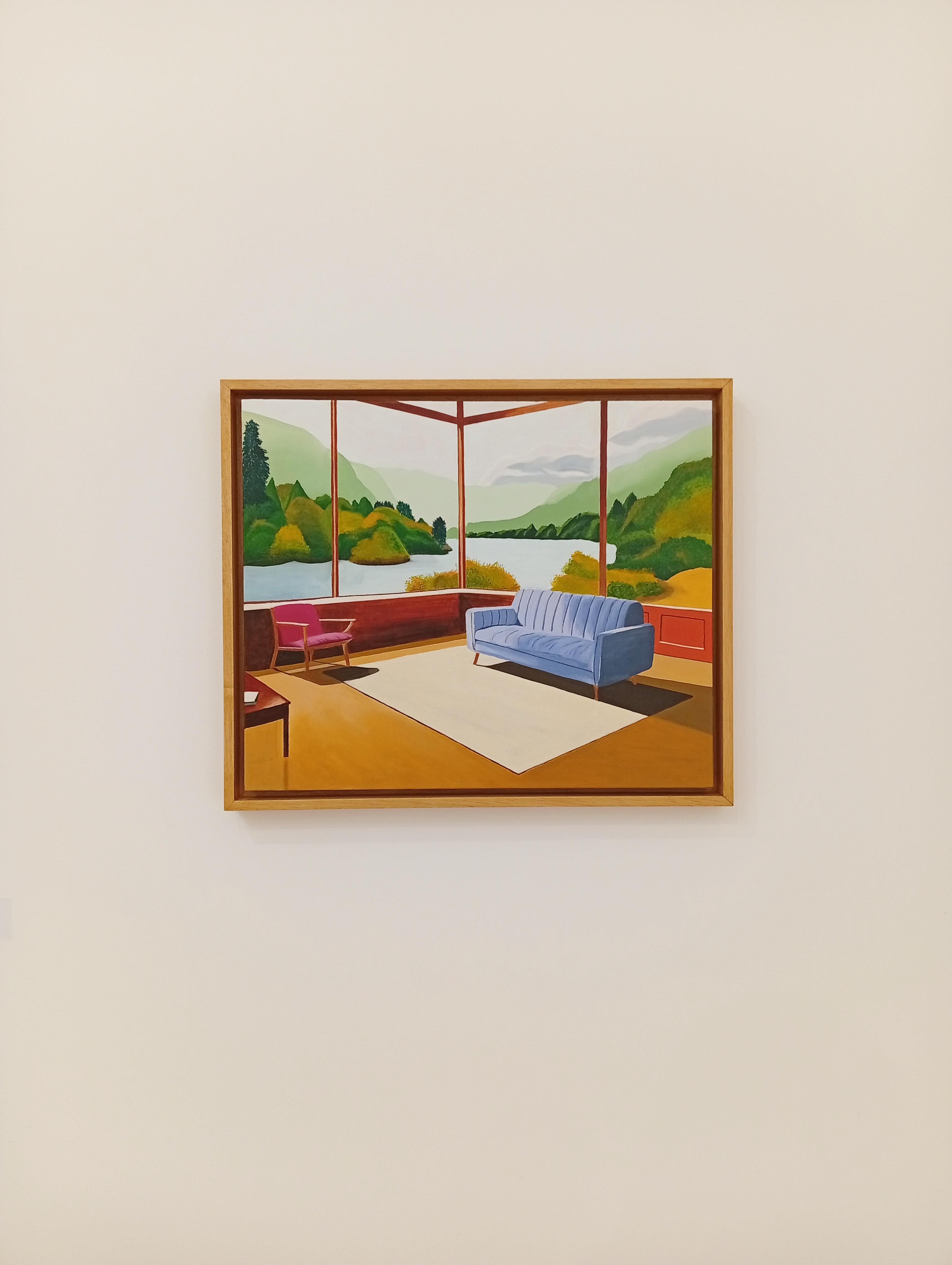 Sans Titre, peinture à l'huile, intérieur confortable avec canapé et livre, vue du paysage en vente 11