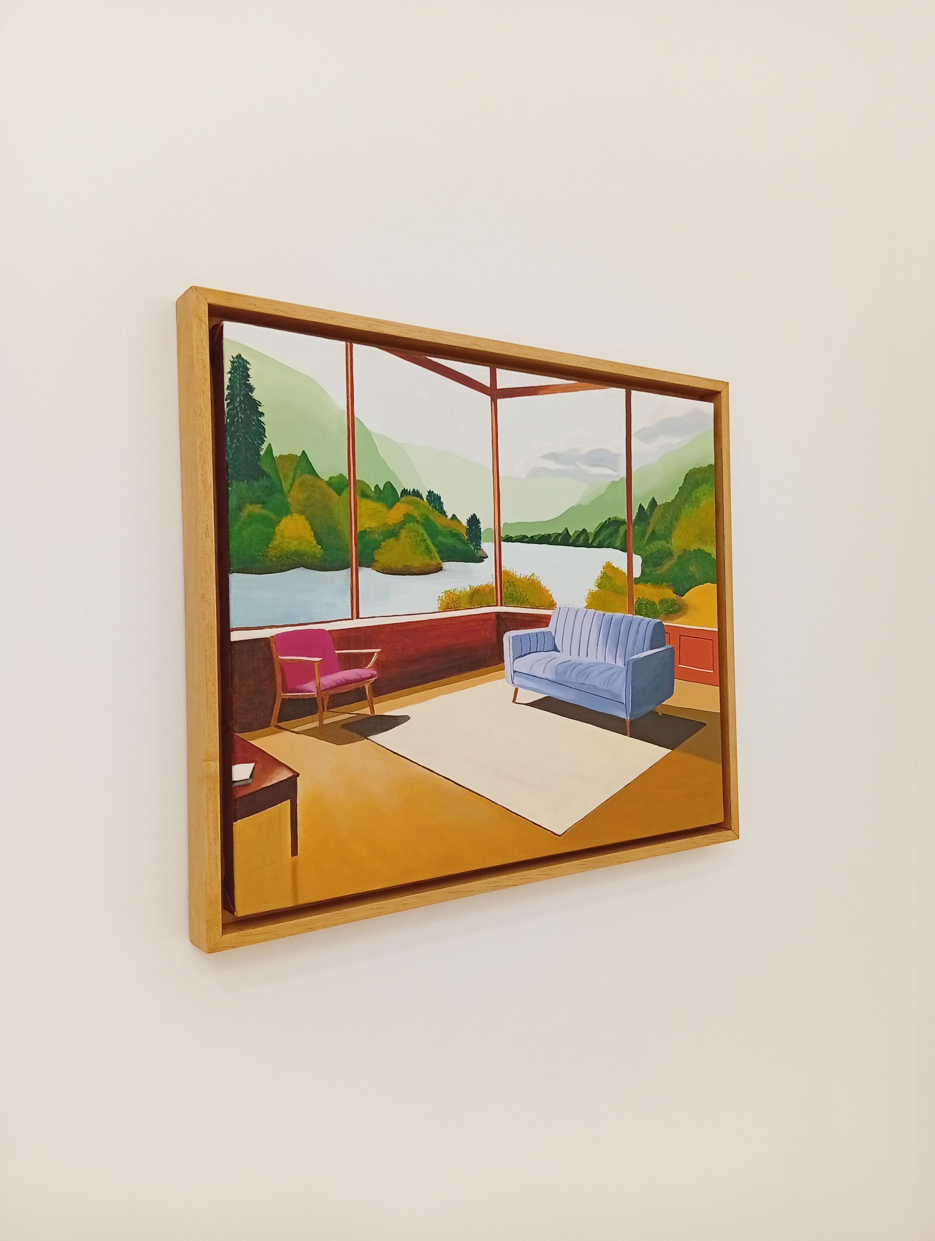 Sans Titre, peinture à l'huile, intérieur confortable avec canapé et livre, vue du paysage en vente 5