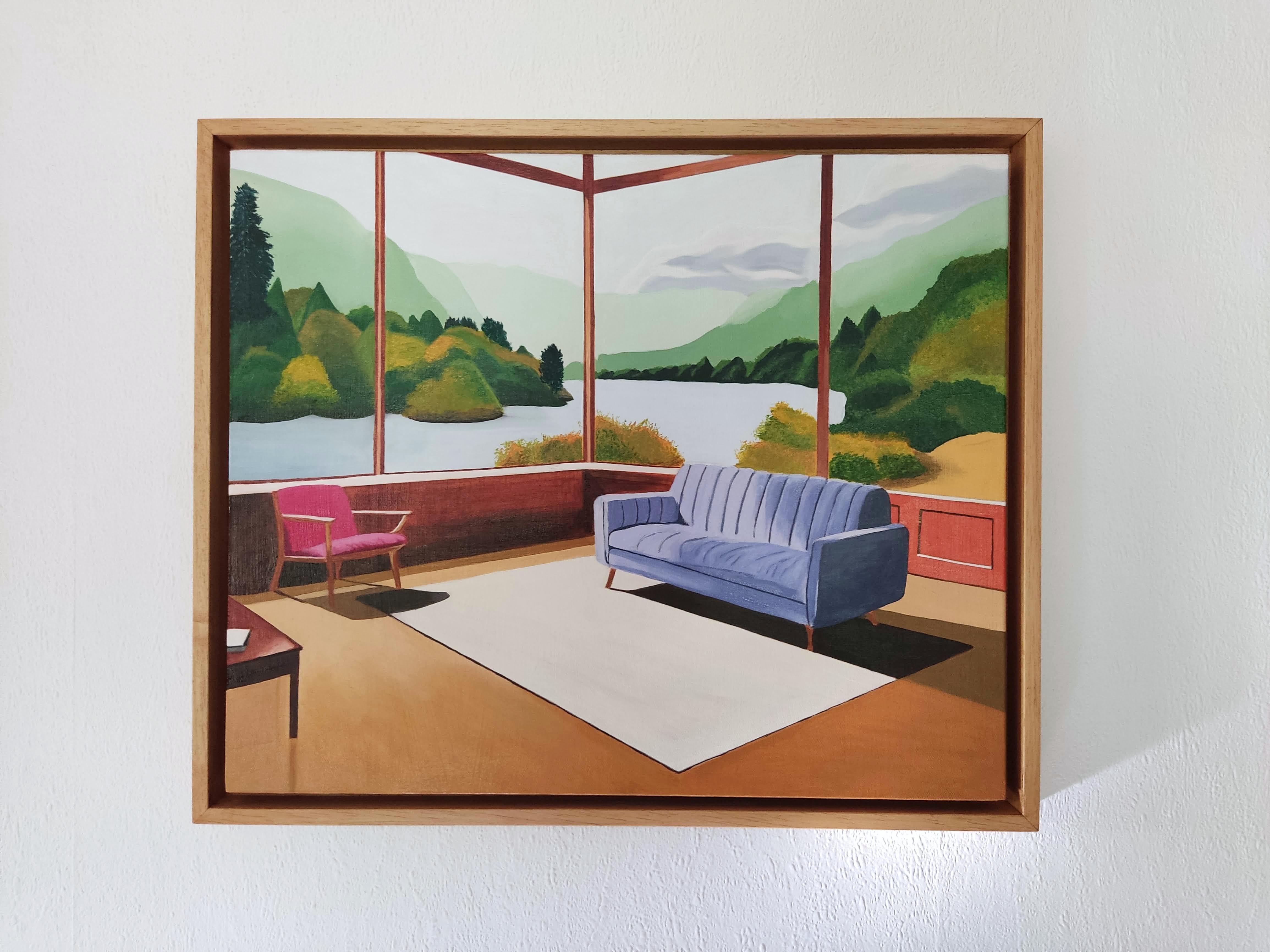 Sans Titre, Oil Painting, Cosy Interior With Sofa and Book, Landscape View - Brown Interior Painting by Gabriel Riesnert