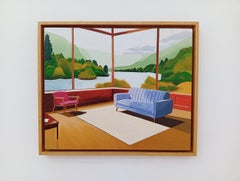 Sans Titre, Pintura al óleo, Interior acogedor con sofá y libro, Vista de paisaje