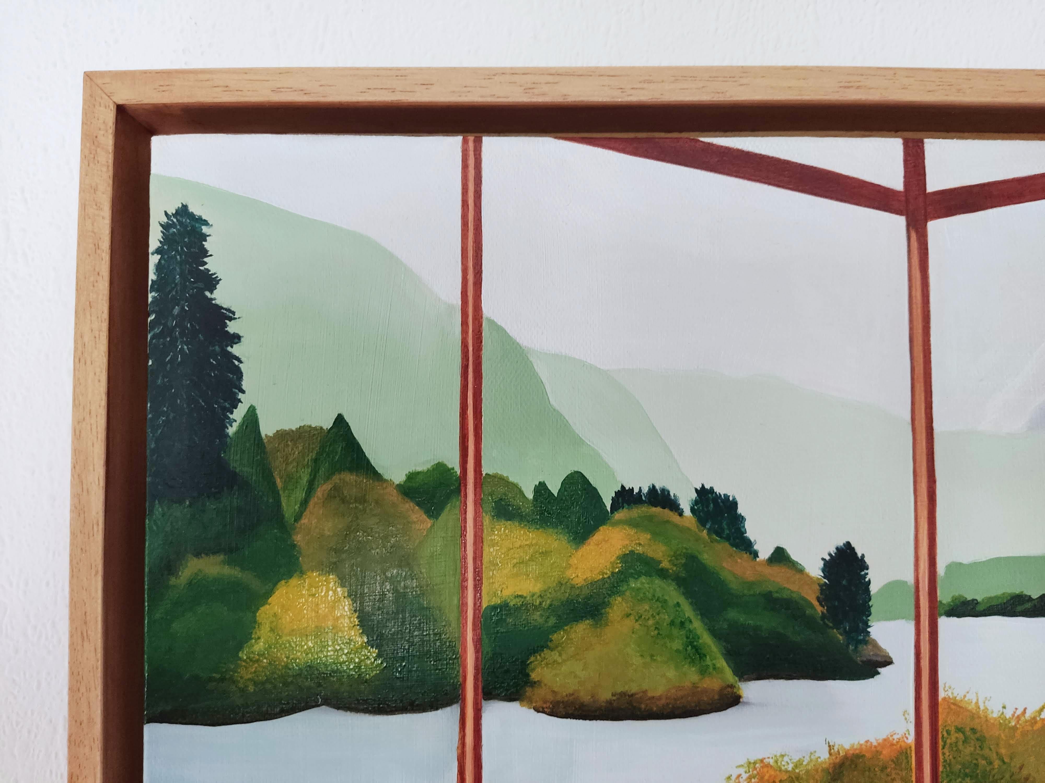 Sans Titre, Oil Painting, Cosy Interior With Sofa and Book, Landscape View For Sale 1