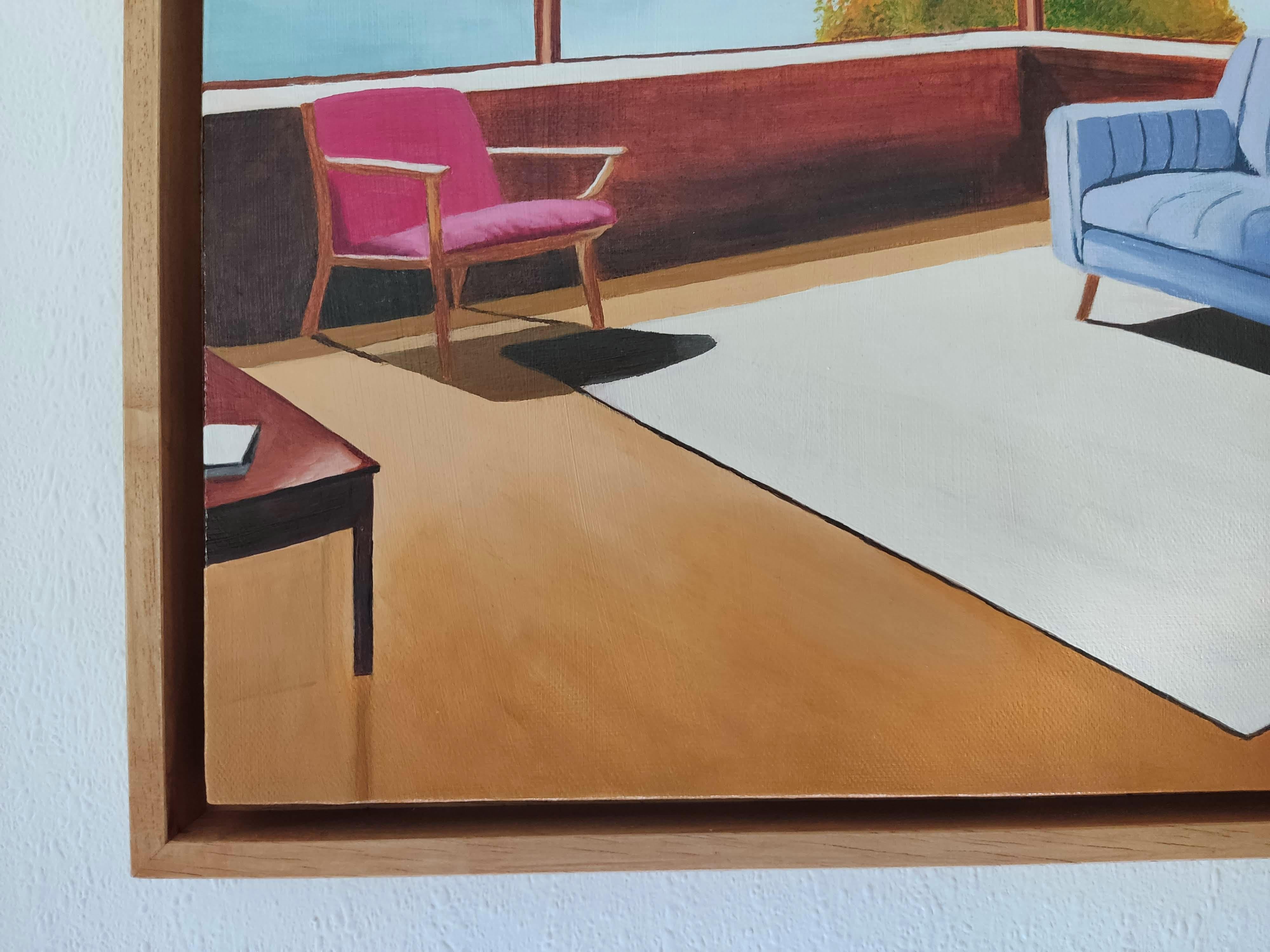 Sans Titre, Oil Painting, Cosy Interior With Sofa and Book, Landscape View For Sale 2