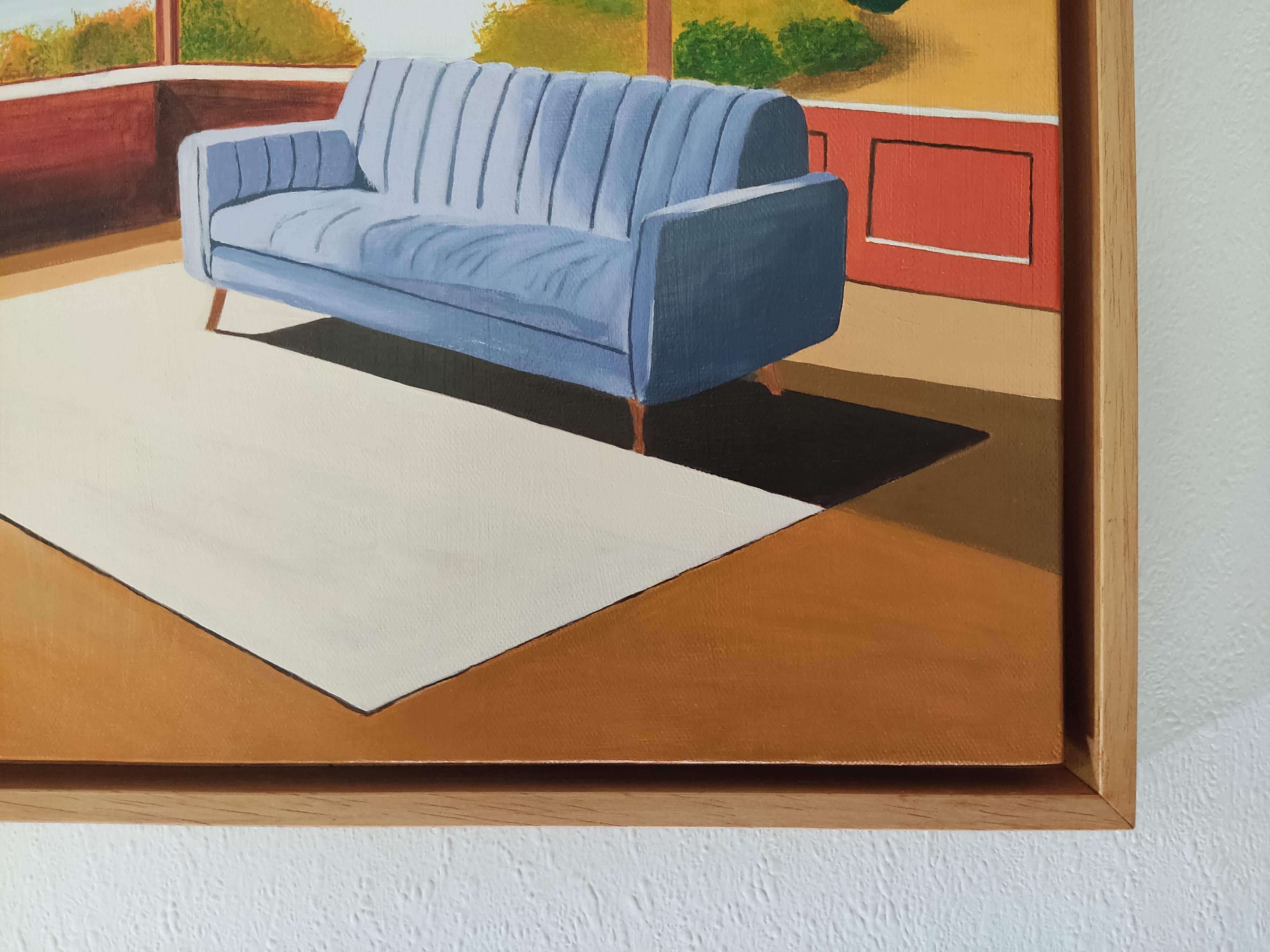 Sans Titre, Oil Painting, Cosy Interior With Sofa and Book, Landscape View For Sale 3