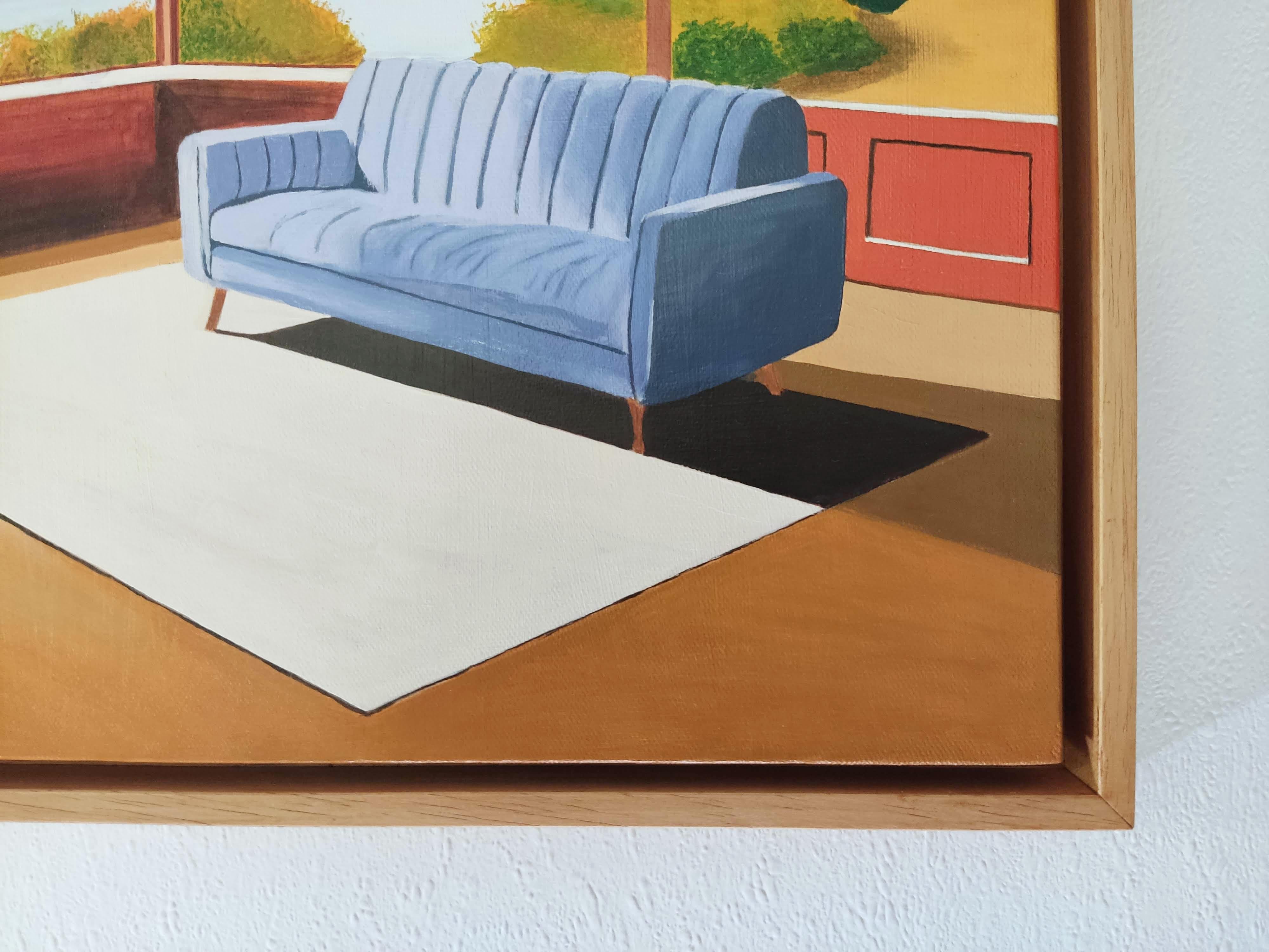 Sans Titre, Oil Painting, Cosy Interior With Sofa and Book, Landscape View For Sale 4