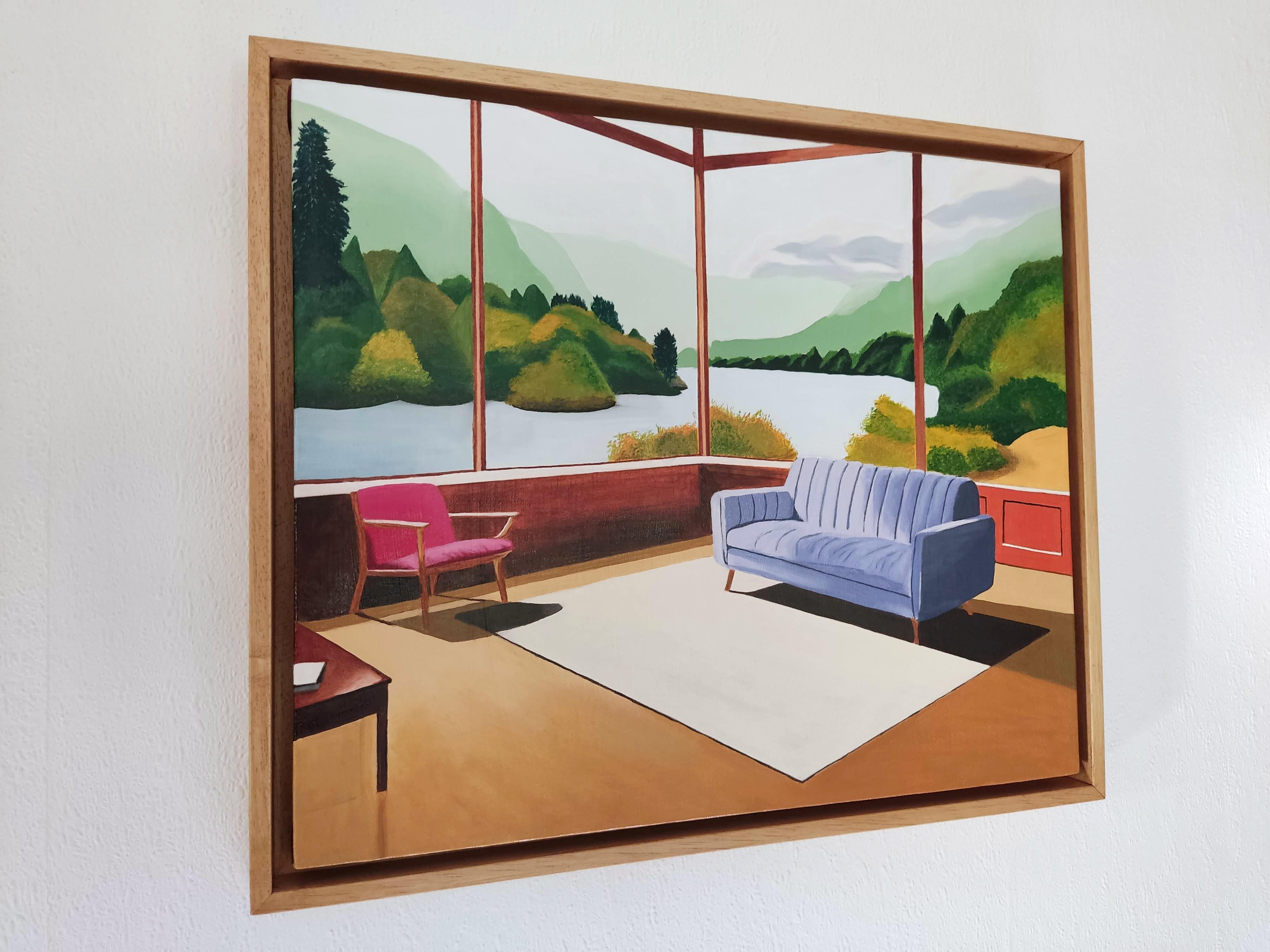 Sans Titre, Oil Painting, Cosy Interior With Sofa and Book, Landscape View For Sale 5