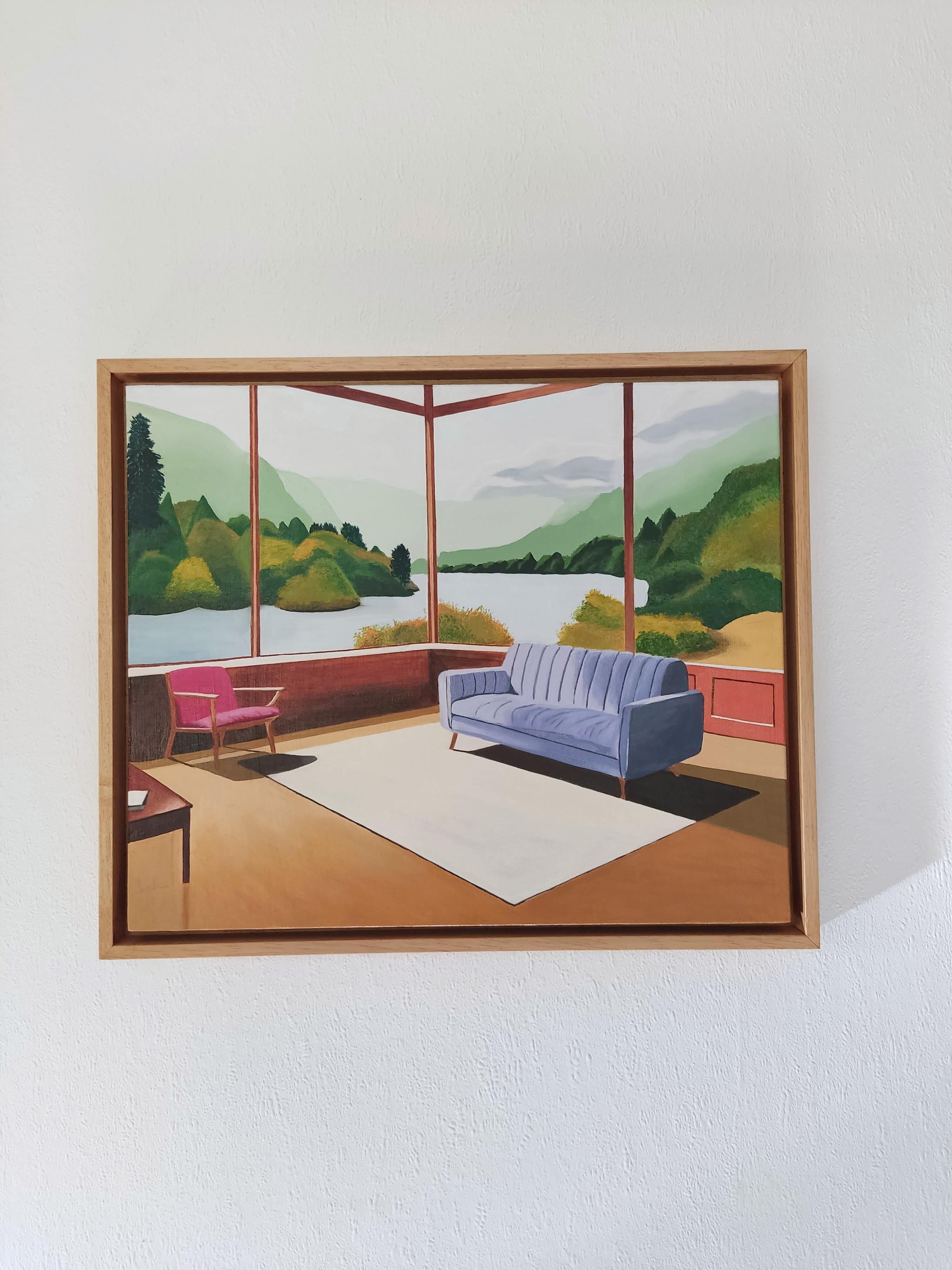 Sans Titre, Oil Painting, Cosy Interior With Sofa and Book, Landscape View For Sale 6