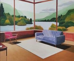Sans Titre, Oil Painting, Cosy Interior With Sofa and Book, Landscape View