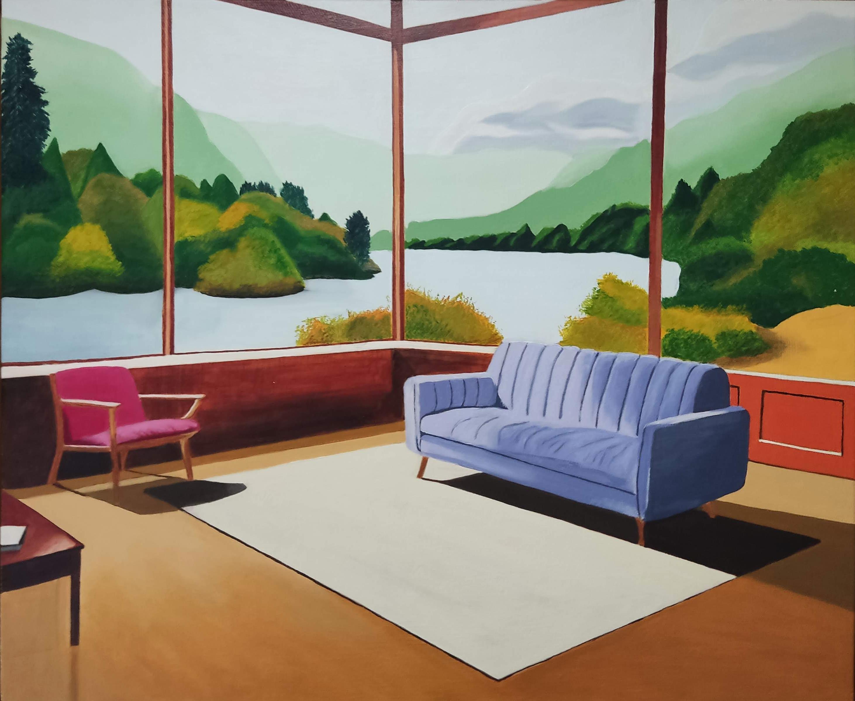 Interior Painting Gabriel Riesnert - Sans Titre, peinture à l'huile, intérieur confortable avec canapé et livre, vue du paysage