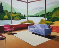 Sans Titre, peinture à l'huile, intérieur confortable avec canapé et livre, vue du paysage