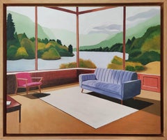Sans Titre, peinture à l'huile, intérieur confortable avec canapé et livre, vue du paysage
