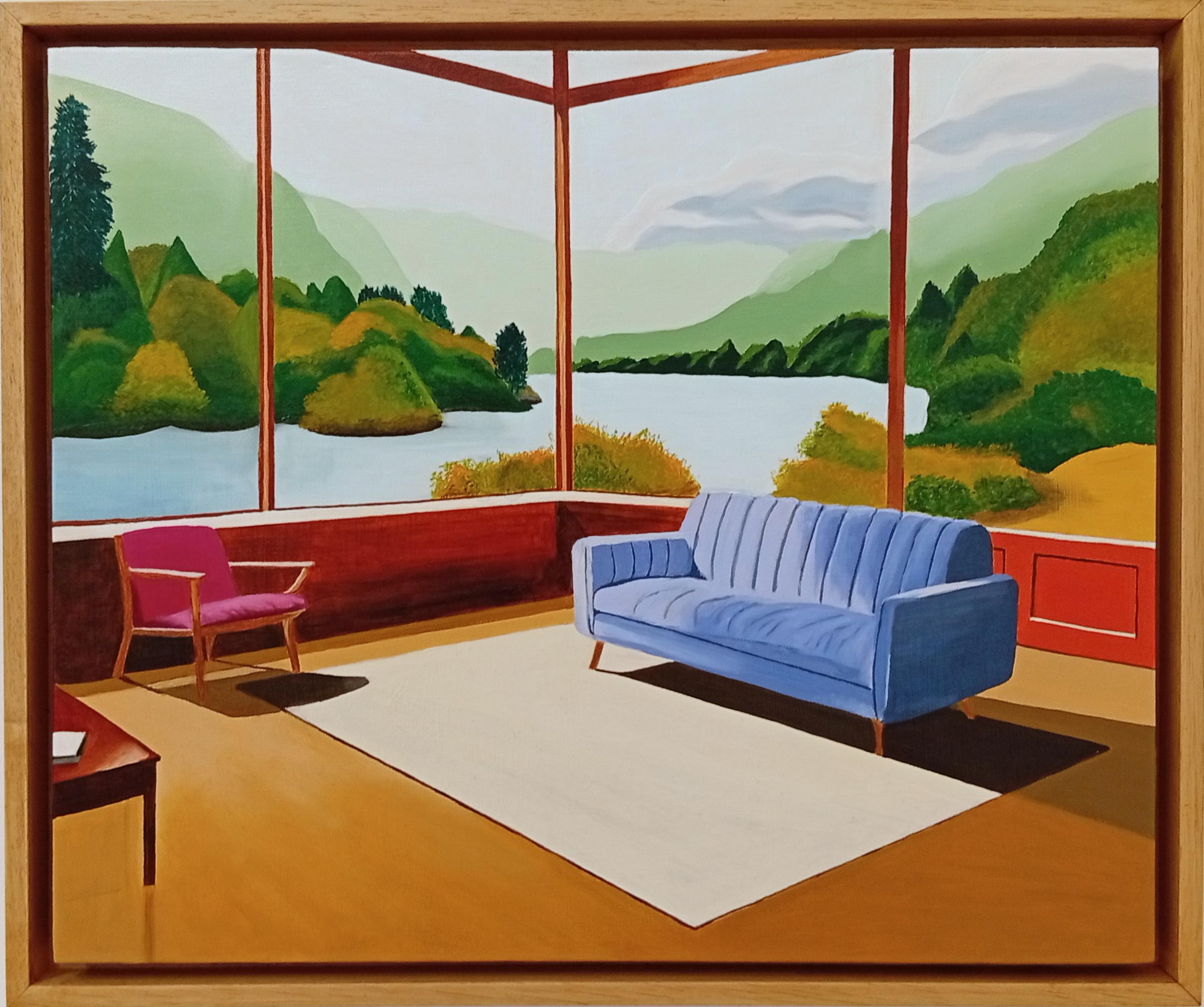 Sans Titre, Oil Painting, Cosy Interior With Sofa and Book, Landscape View