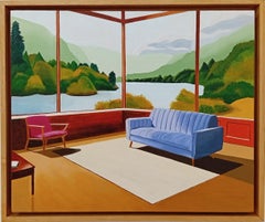 Sans Titre, Oil Painting, Cosy Interior With Sofa and Book, Landscape View